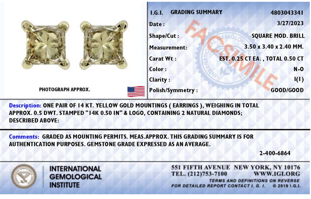 IGI Certified 1/4 Cttw Princess-Cut Square Diamond 4-Prong Solitaire Stud Earrings in 14K Yellow Gold (N-O Color, I1-I2 Clarity)