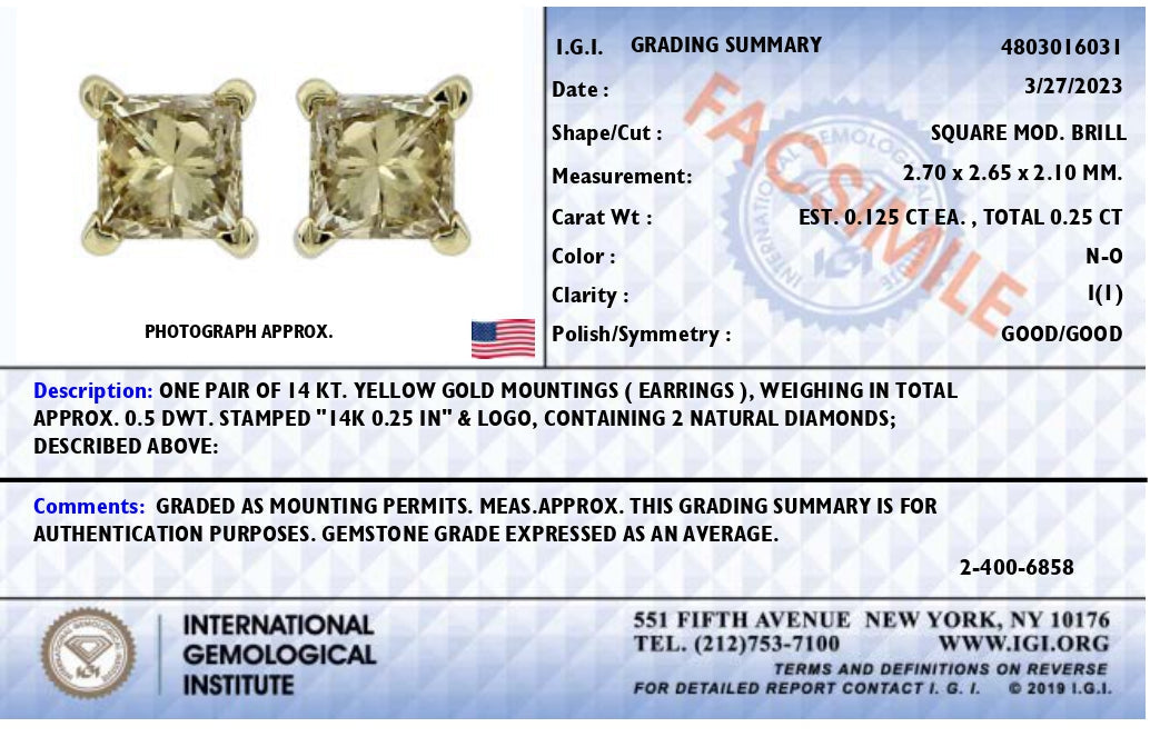 IGI Certified 1/4 Cttw Princess-Cut Square Diamond 4-Prong Solitaire Stud Earrings in 14K Yellow Gold (N-O Color, I1-I2 Clarity)