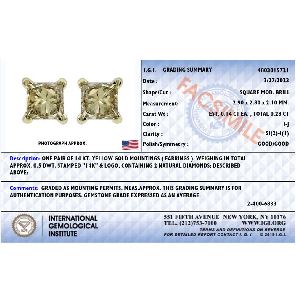 IGI Certified 14K Yellow Gold 1/4 Cttw Princess-Cut Diamond Solitaire Stud Earrings