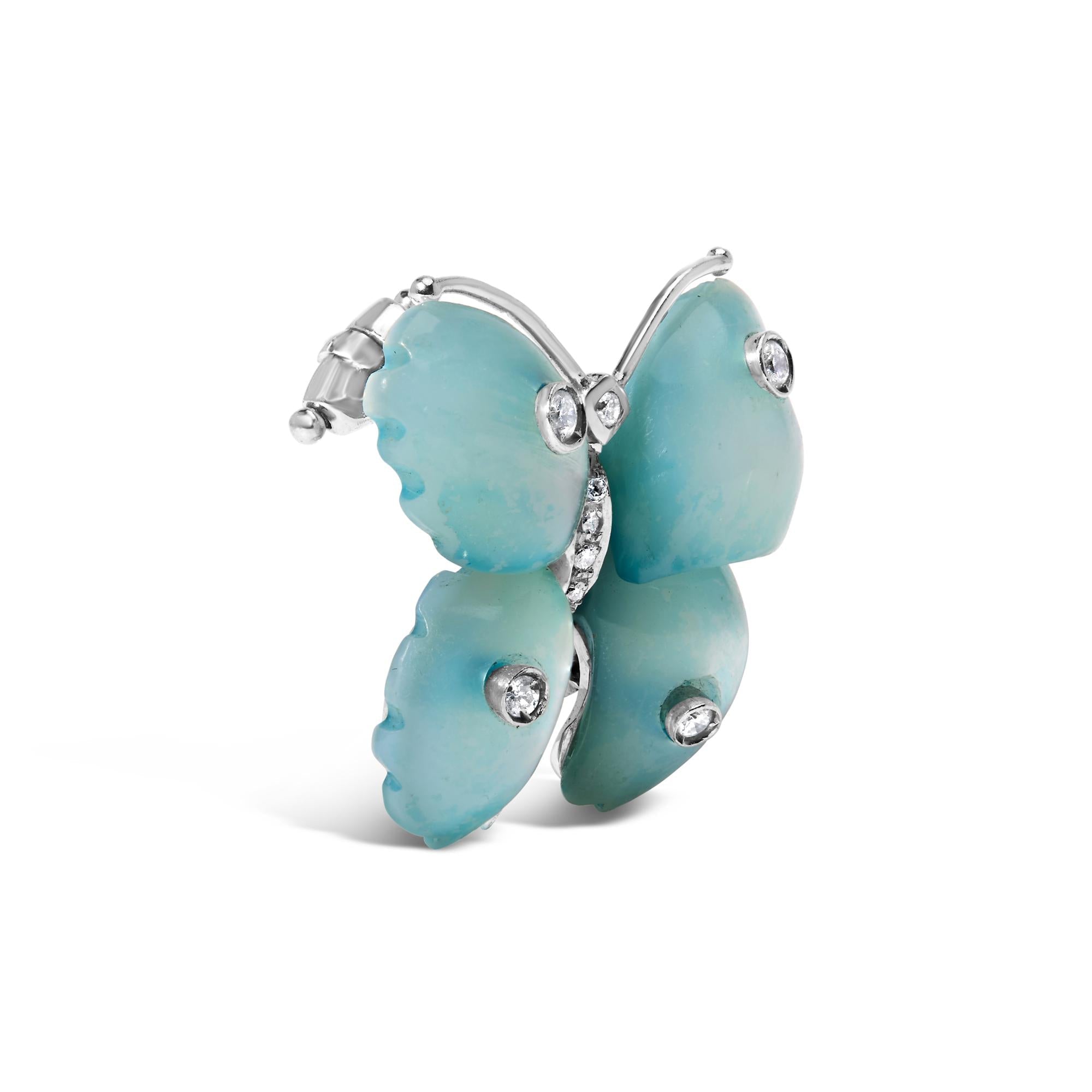 18K White Gold Blue Mother of Pearl and Diamond Accent Butterfly Pin Brooch (F-G Color, VS1-VS2 Clarity)