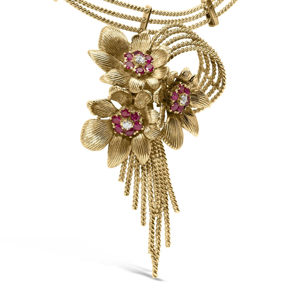 18K Yellow Gold Diamond and Red Ruby Floral Cascade Statement Necklace with 16" Inch Bead Chain (F-G Color, VS1-VS2 Clarity)
