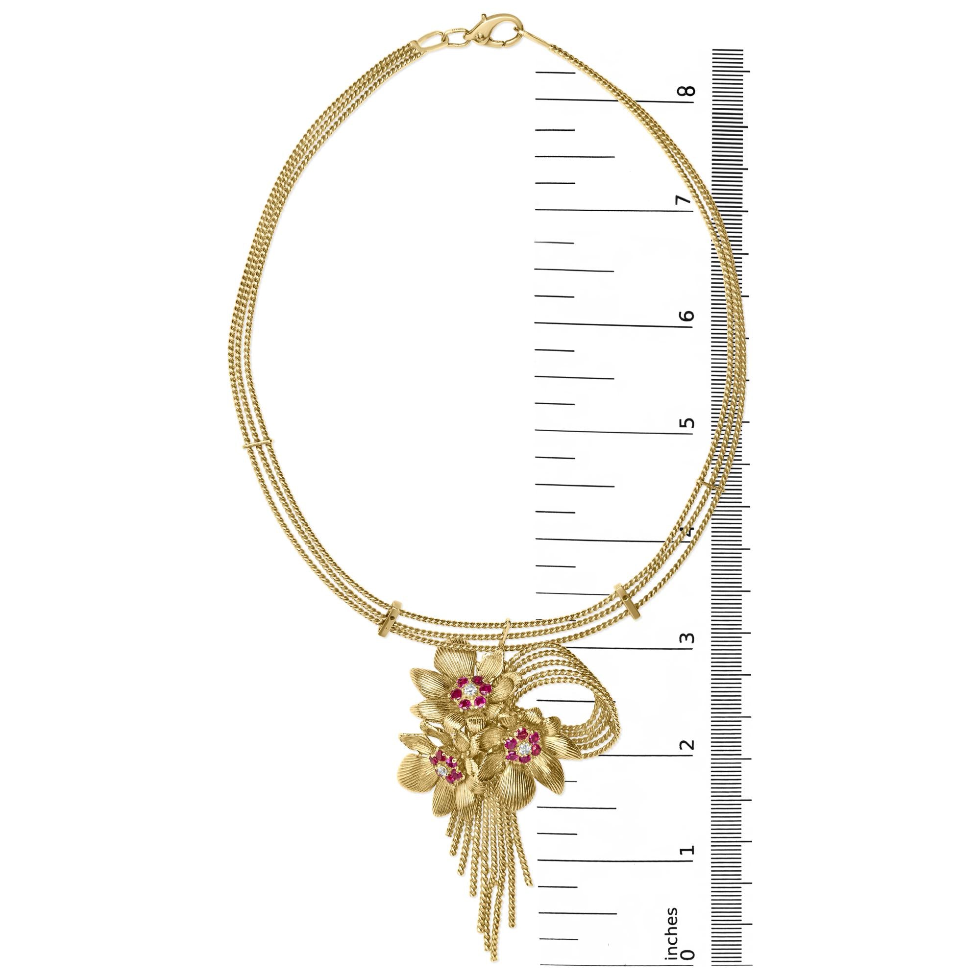 18K Yellow Gold Diamond and Red Ruby Floral Cascade Statement Necklace with 16" Inch Bead Chain (F-G Color, VS1-VS2 Clarity)