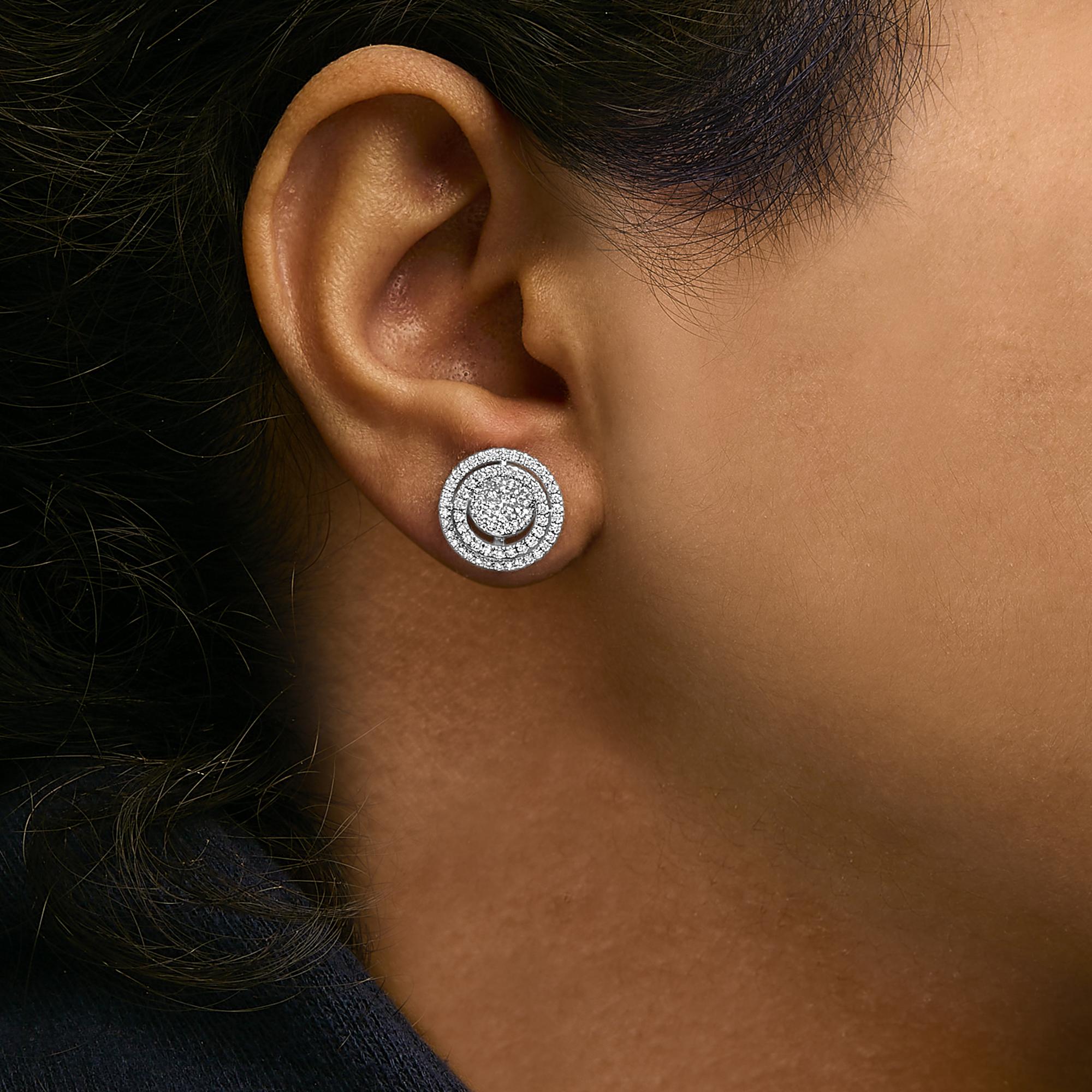 14K Gold 1 3/8 Cttw Diamond Cluster and Double Halo Stud Earring (G-H Color, SI1-SI2 Clarity)