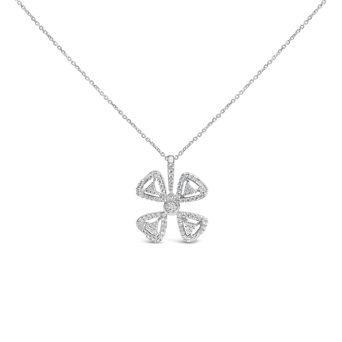 14K White Gold 5/8 Cttw Diamond 4 Leaf Floral Pendant Necklace (H-I Color, I1-I2 Clarity) - 18" Inches