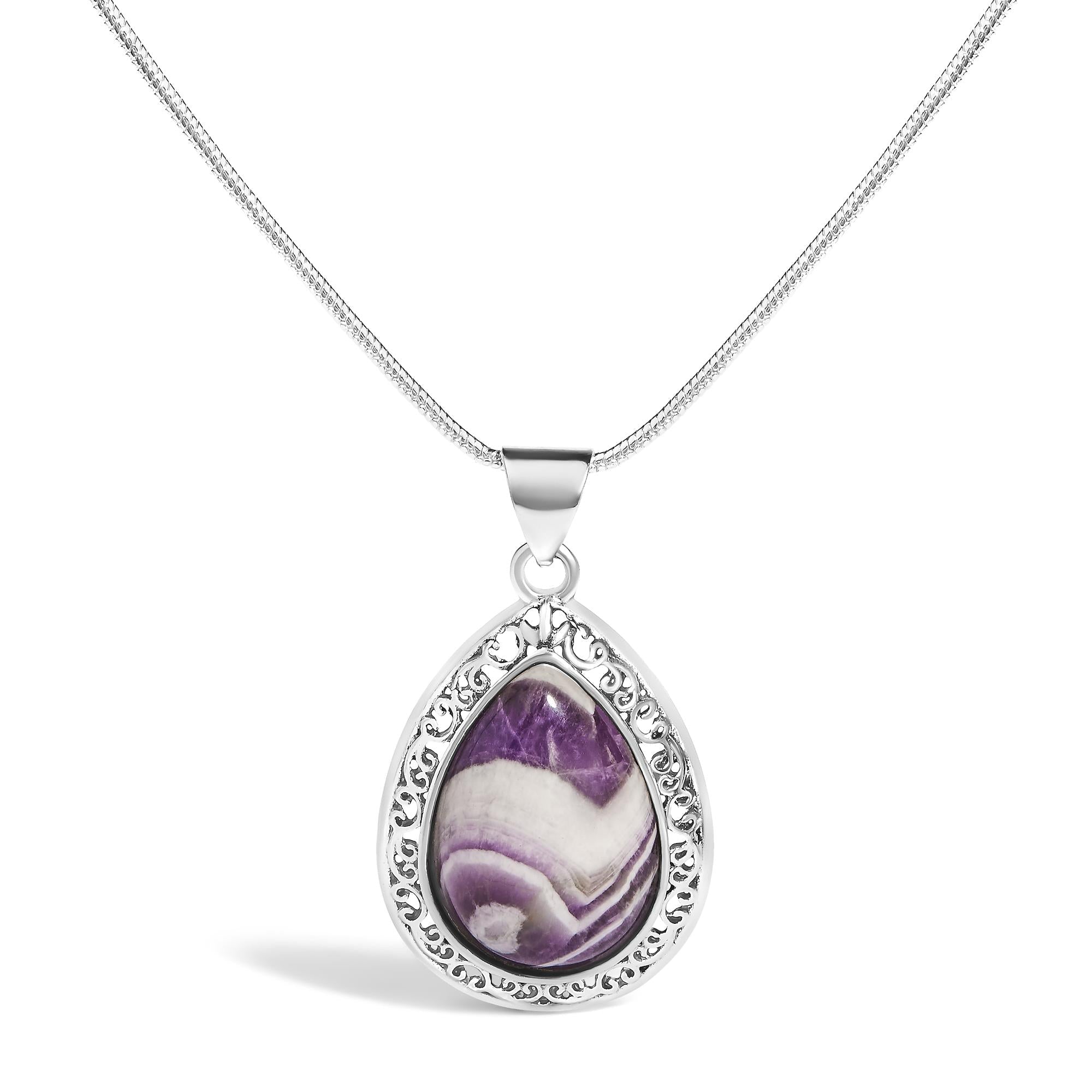 Sterling Silver Chevron Amethyst Teardrop Pendant Necklace