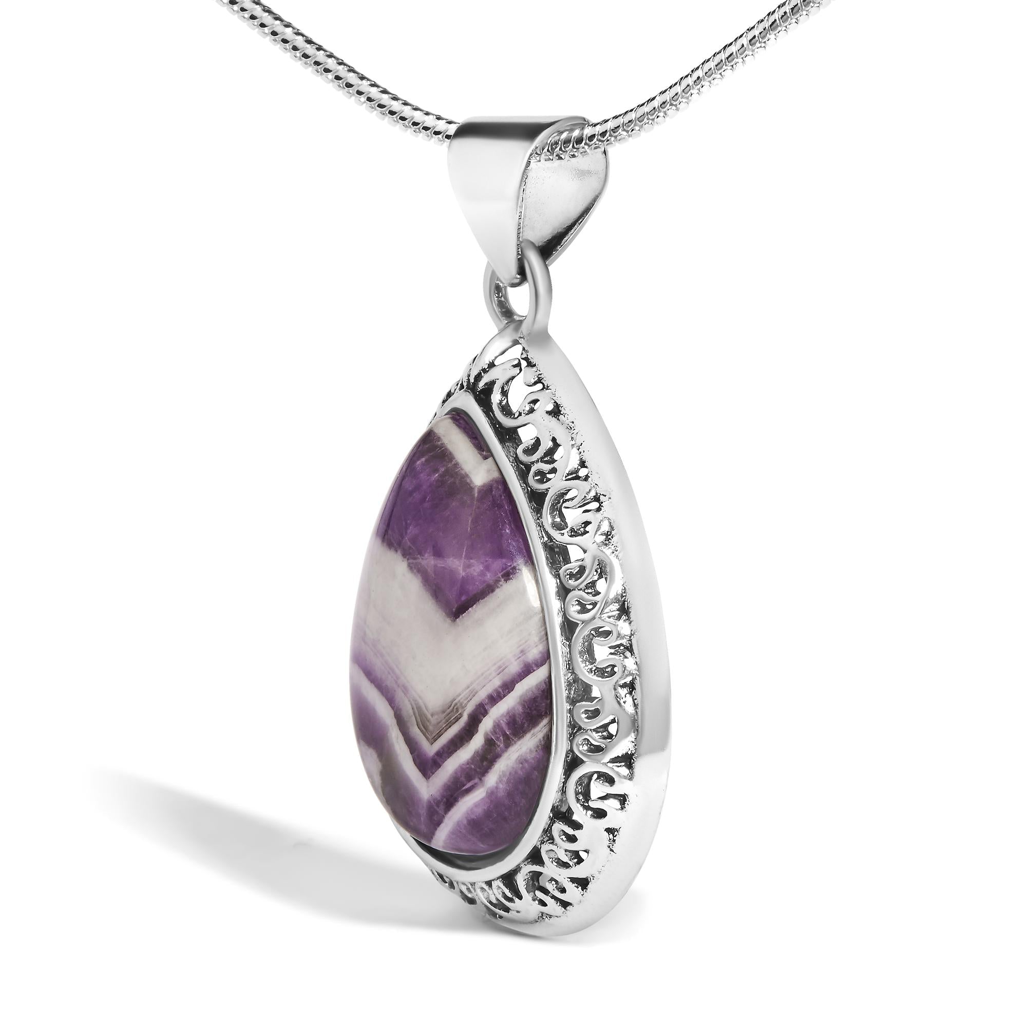 Sterling Silver Chevron Amethyst Teardrop Pendant Necklace