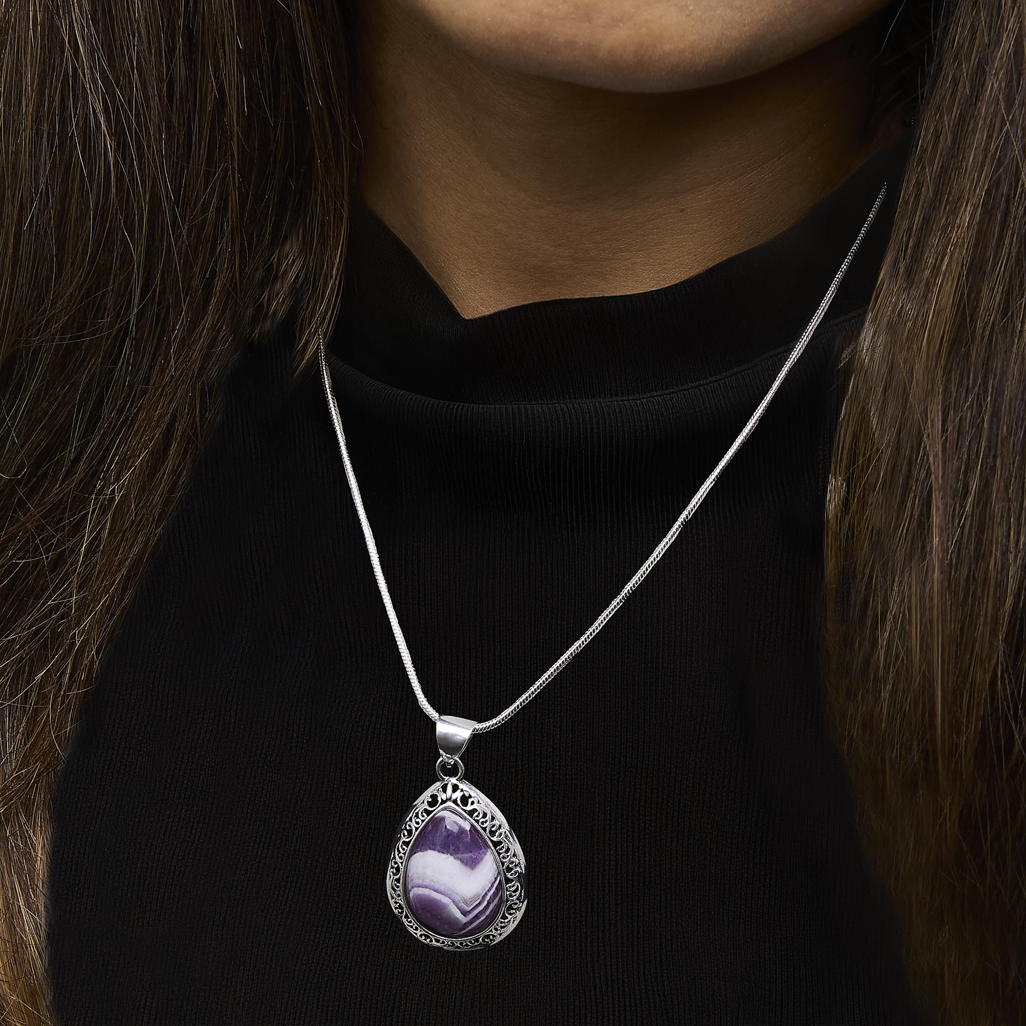 Sterling Silver Chevron Amethyst Teardrop Pendant Necklace