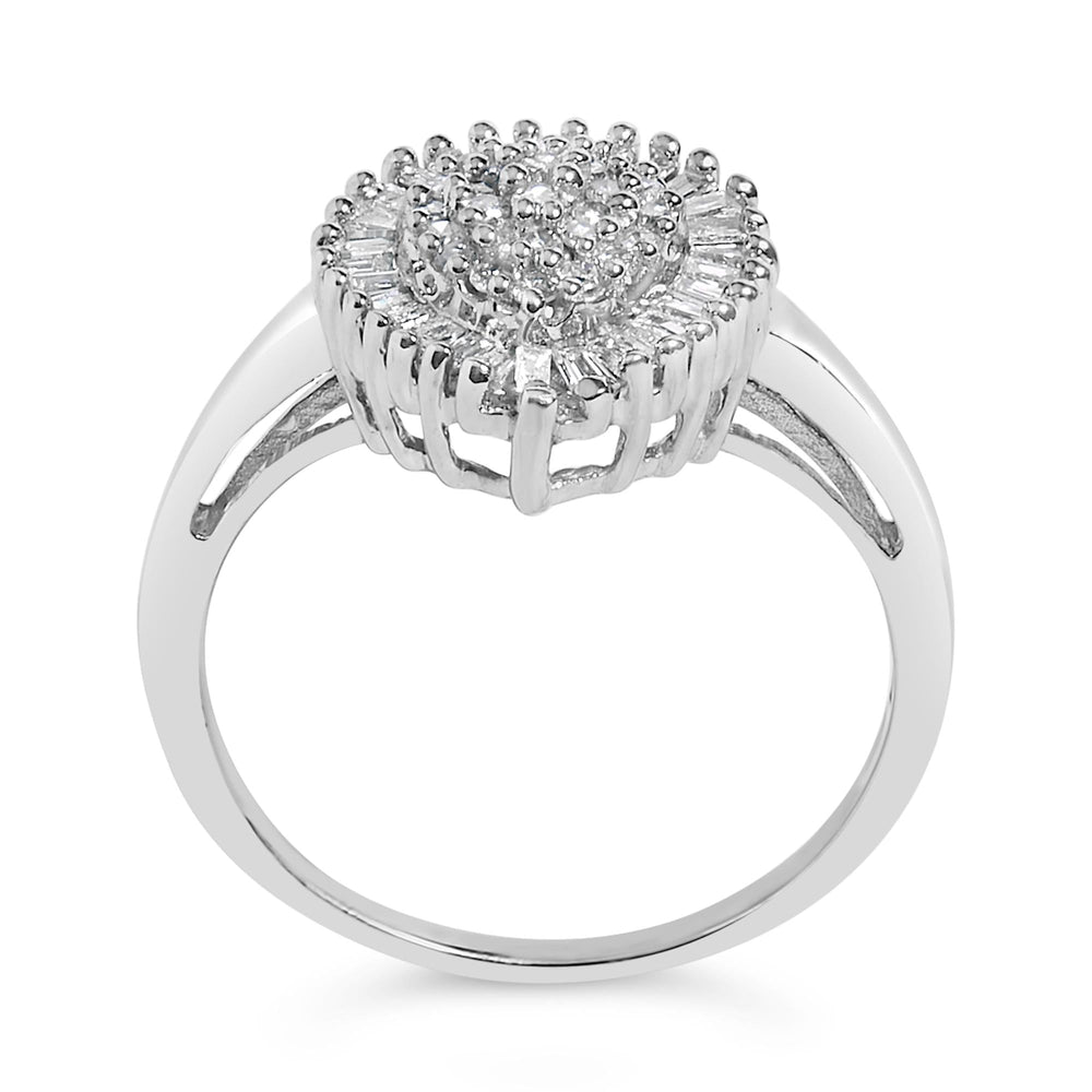 10K White Gold 1/2 Cttw Round & Baguette Cut Diamond Pear Shaped Domed Pavé Cluster with Halo Cocktail Ring (H-I Color, SI1-SI2 Clarity)