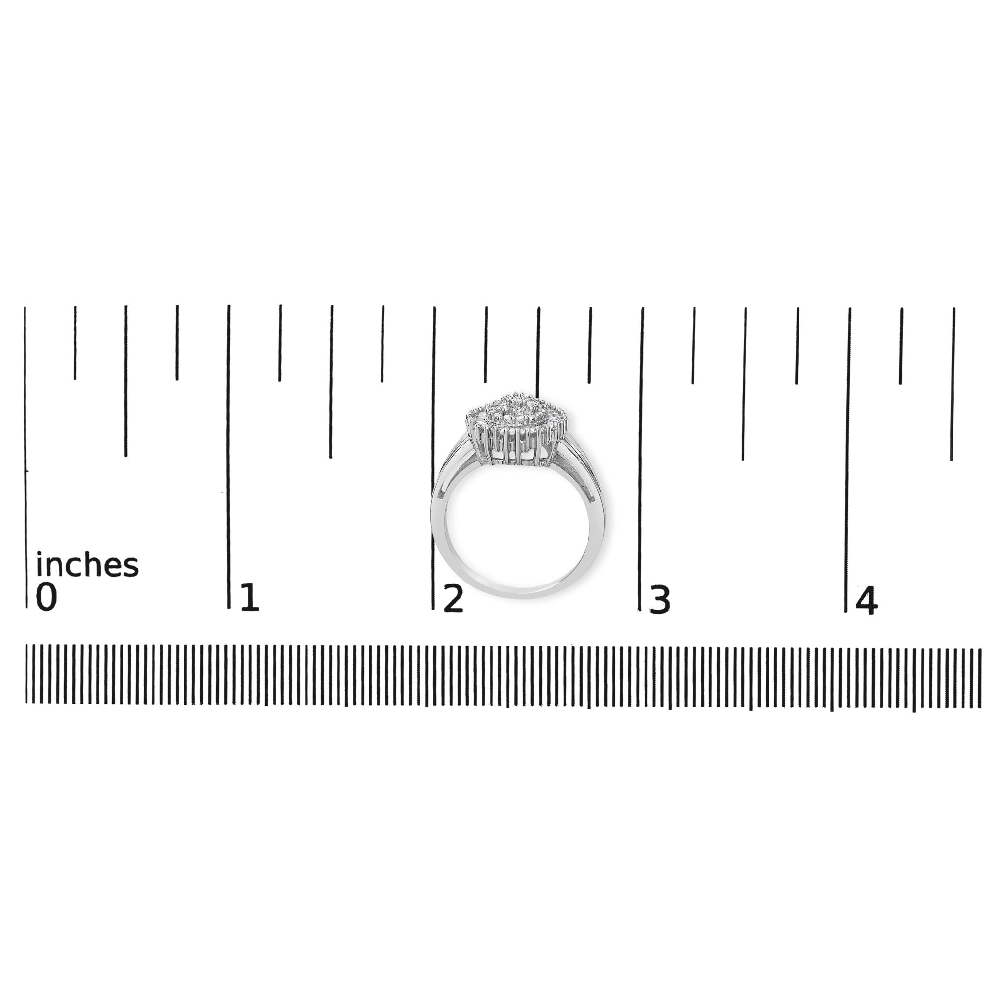 10K White Gold 1/2 Cttw Round & Baguette Cut Diamond Pear Shaped Domed Pavé Cluster with Halo Cocktail Ring (H-I Color, SI1-SI2 Clarity)
