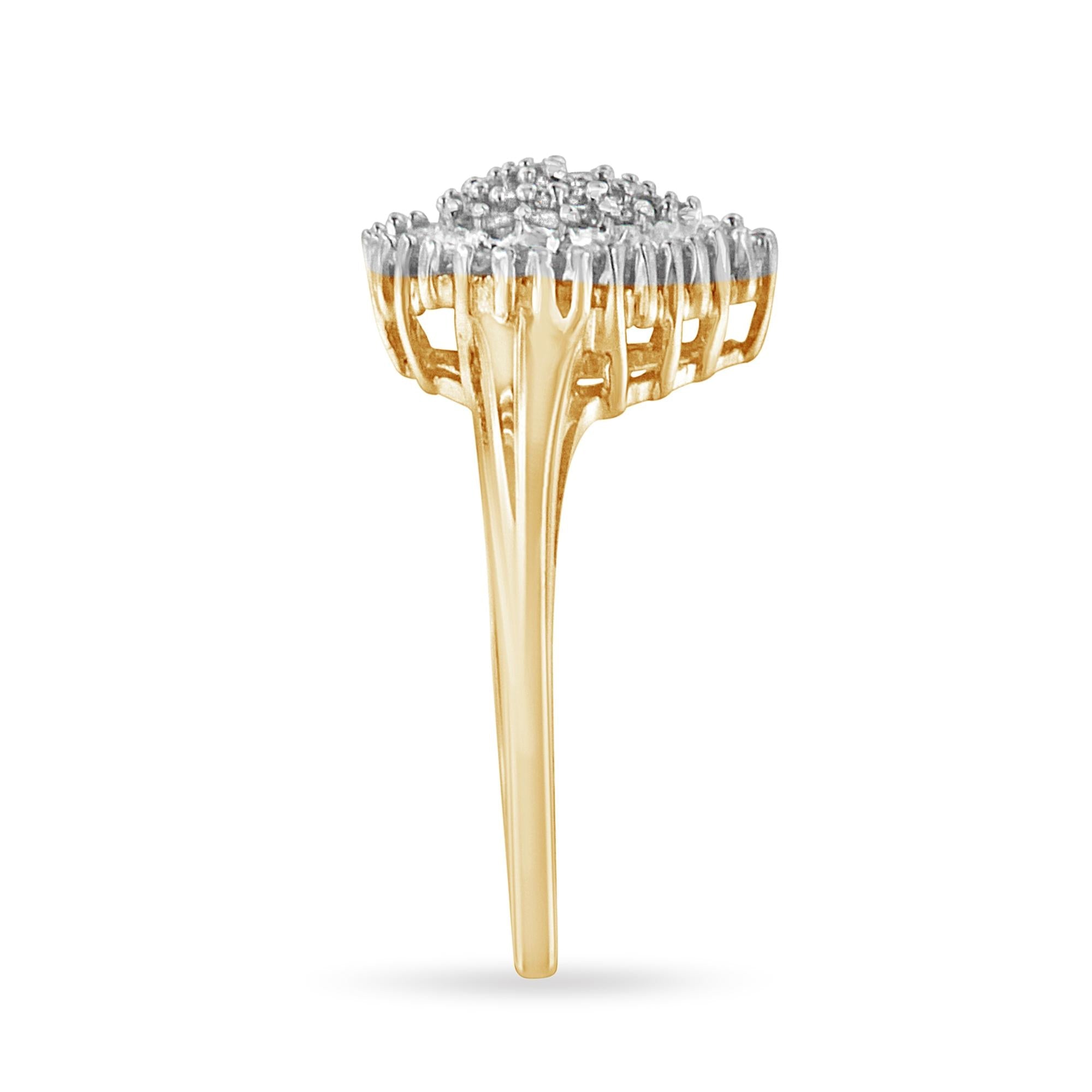 10K Yellow Gold 1/2 Cttw Round & Baguette Cut Diamond Pear Shaped Domed Pavé Cluster with Halo Cocktail Ring (J-K Color, I1-I2 Clarity)