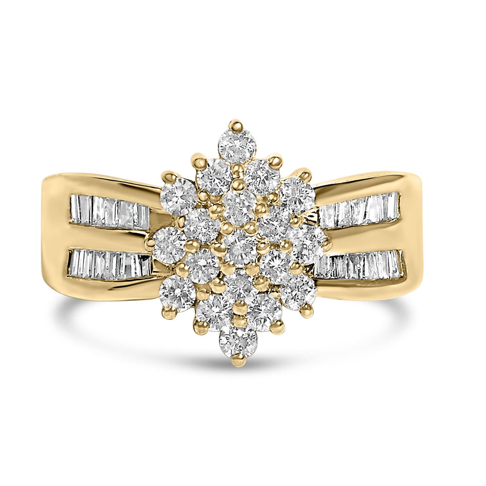 10K Yellow Gold 1.0 Cttw Round & Baguette Cut Diamond Floral Cluster Double-Channel Flared Band Statement Ring (H-I Color, SI2-I1 Clarity)