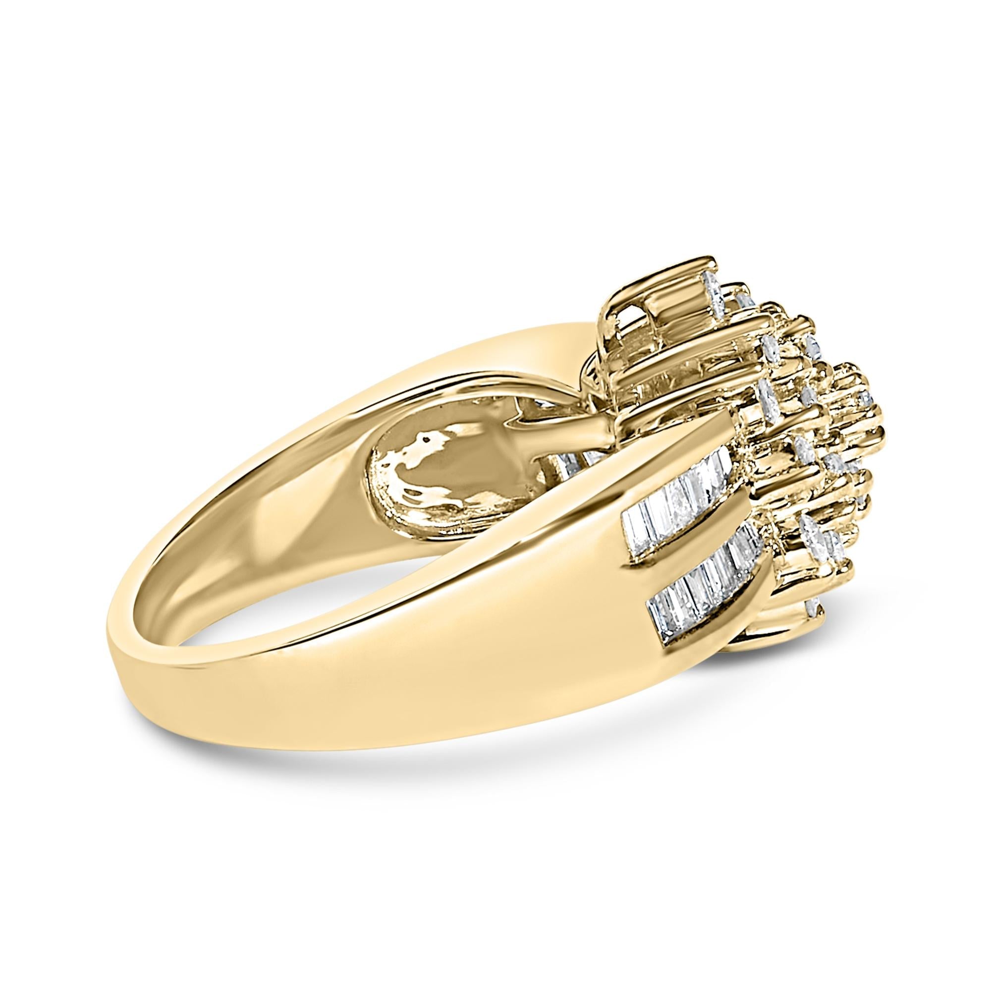 10K Yellow Gold 1.0 Cttw Round & Baguette Cut Diamond Floral Cluster Double-Channel Flared Band Statement Ring (H-I Color, SI2-I1 Clarity)