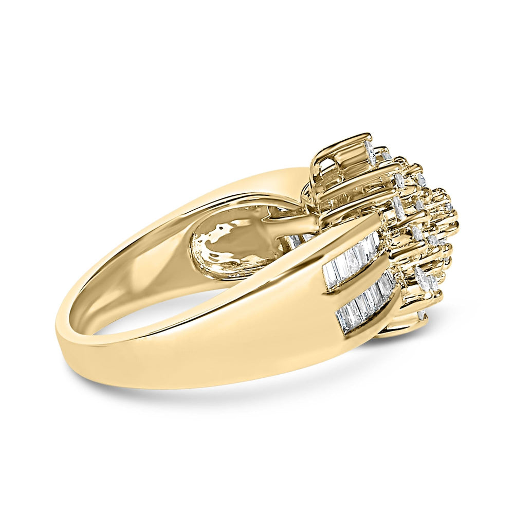 10K Yellow Gold 1.0 Cttw Round & Baguette Cut Diamond Floral Cluster Double-Channel Flared Band Statement Ring (H-I Color, SI2-I1 Clarity)