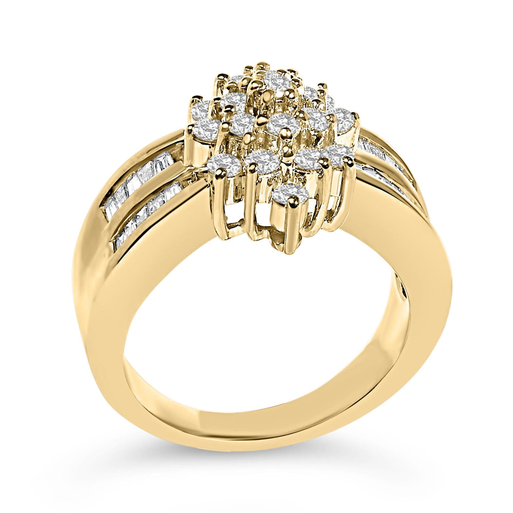 10K Yellow Gold 1.0 Cttw Round & Baguette Cut Diamond Floral Cluster Double-Channel Flared Band Statement Ring (H-I Color, SI2-I1 Clarity)