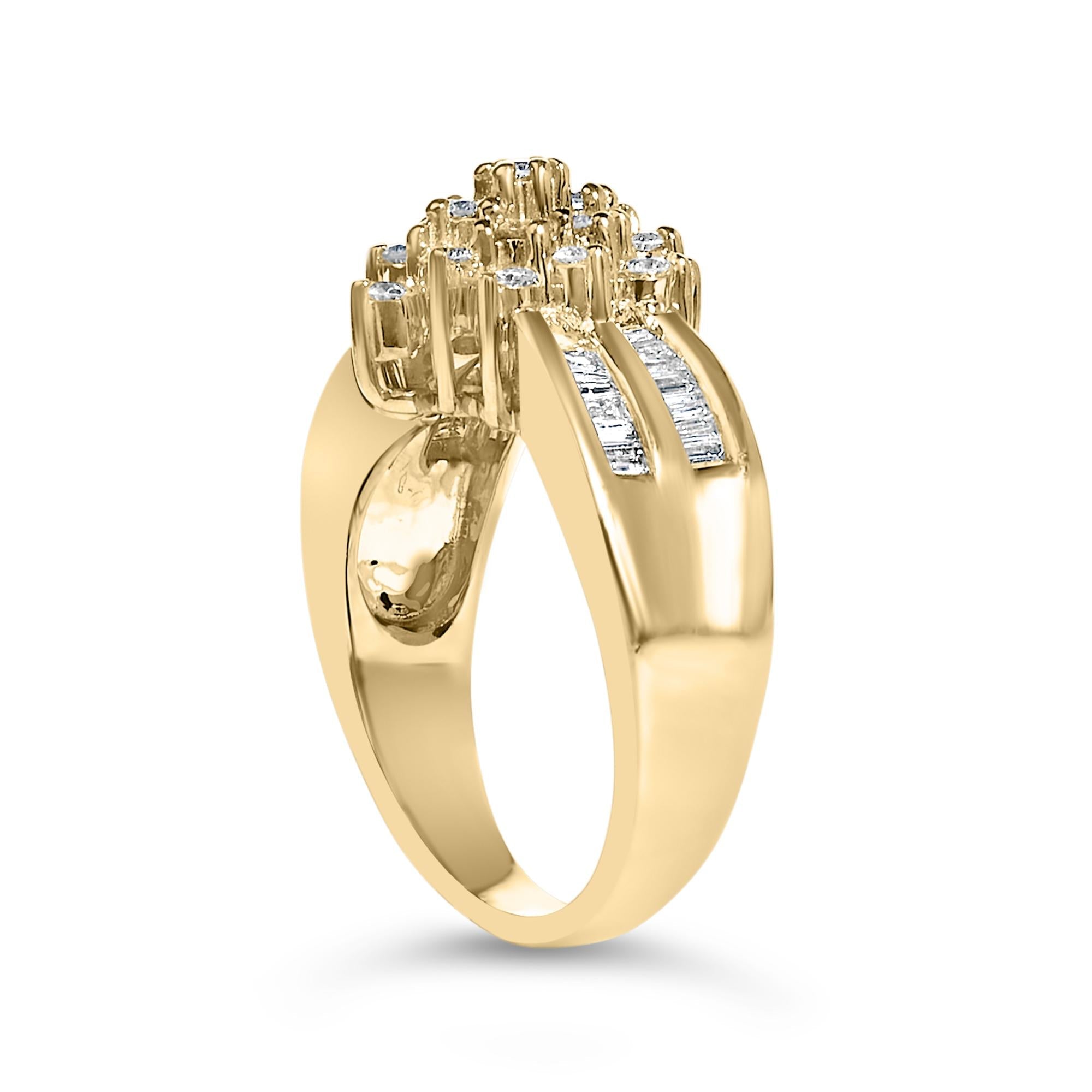 10K Yellow Gold 1.0 Cttw Round & Baguette Cut Diamond Floral Cluster Double-Channel Flared Band Statement Ring (H-I Color, SI2-I1 Clarity)