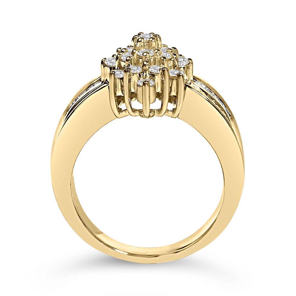 10K Yellow Gold 1.0 Cttw Round & Baguette Cut Diamond Floral Cluster Double-Channel Flared Band Statement Ring (H-I Color, SI2-I1 Clarity)