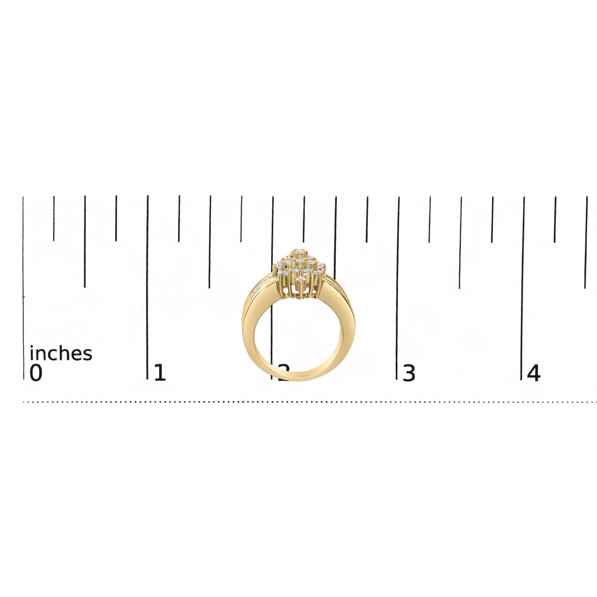 10K Yellow Gold 1.0 Cttw Round & Baguette Cut Diamond Floral Cluster Double-Channel Flared Band Statement Ring (H-I Color, SI2-I1 Clarity)