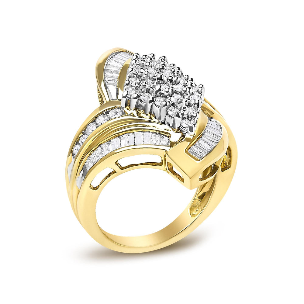 14K Yellow Gold 1-1/3 Cttw Round and Baguette Diamond Bypass Cocktail Ring