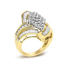 14K Yellow Gold 1-1/3 Cttw Round and Baguette Diamond Bypass Cocktail Ring