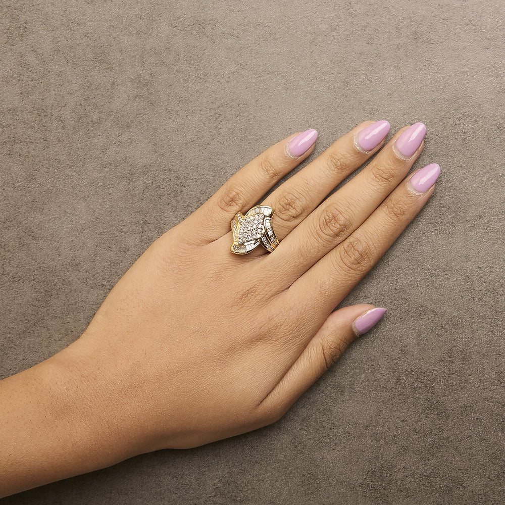 14K Yellow Gold 1-1/3 Cttw Round and Baguette Diamond Bypass Cocktail Ring