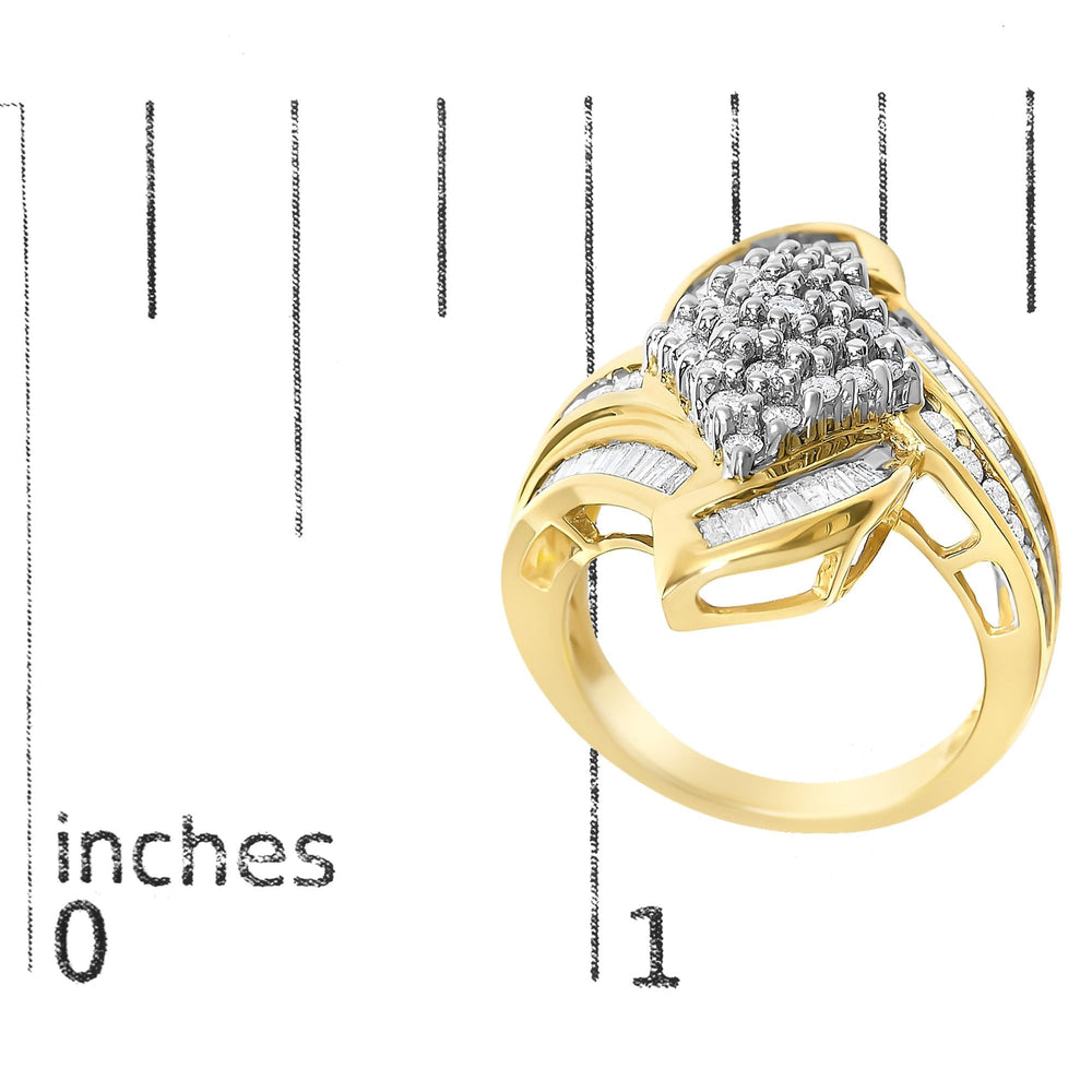 14K Yellow Gold 1-1/3 Cttw Round and Baguette Diamond Bypass Cocktail Ring