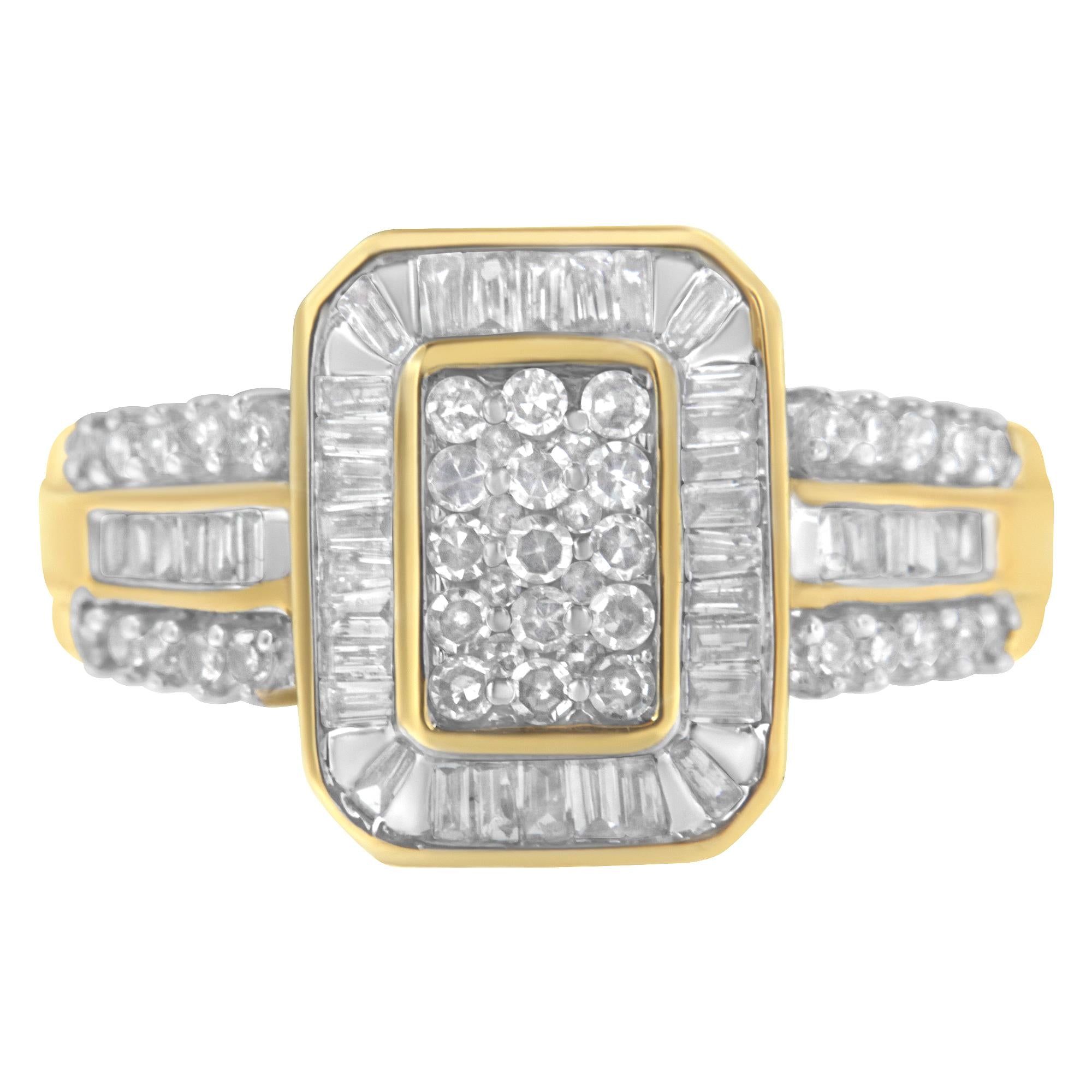 10K Yellow Gold Round and Baguette-Cut Diamond Cluster Ring (1.0 Cttw, I-J Color, SI1-SI2 Clarity)