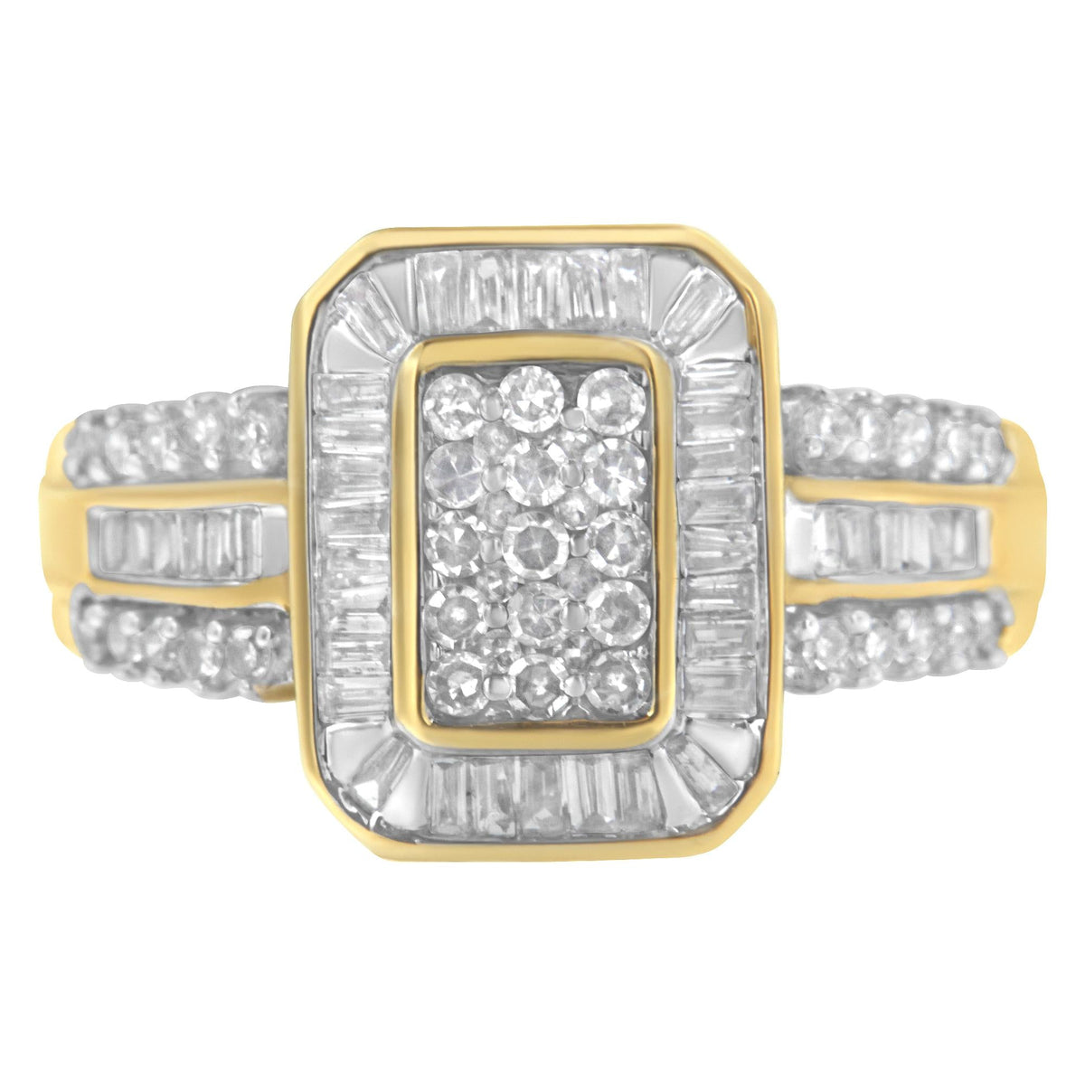 10K Yellow Gold Round and Baguette-Cut Diamond Cluster Ring (1.0 Cttw, I-J Color, SI1-SI2 Clarity)