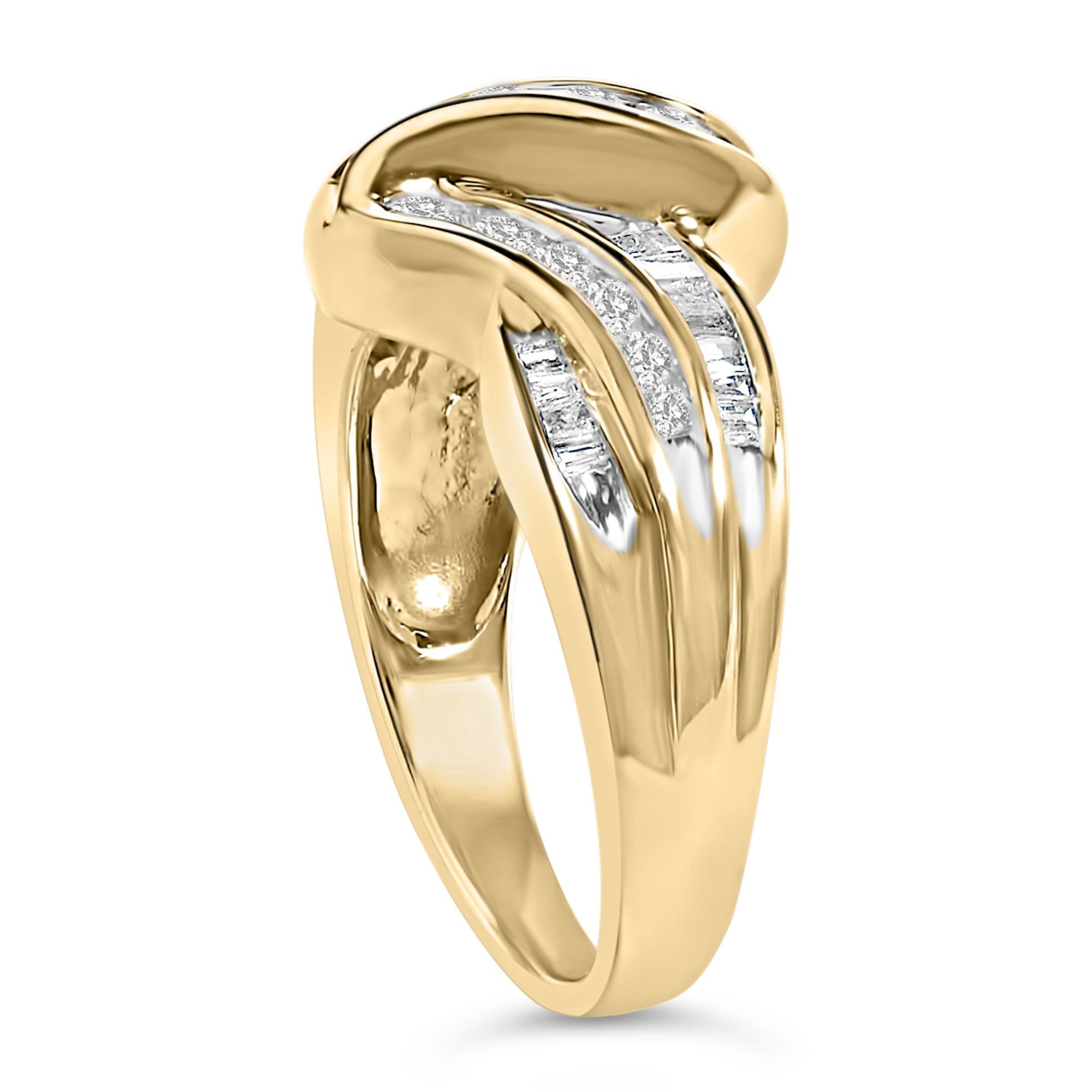 10K Yellow Gold 3/4 Cttw Channel Set Round and Baguette-cut Diamond Double Shank Bypass Ring (J-K Color, I1-I2 Clarity)