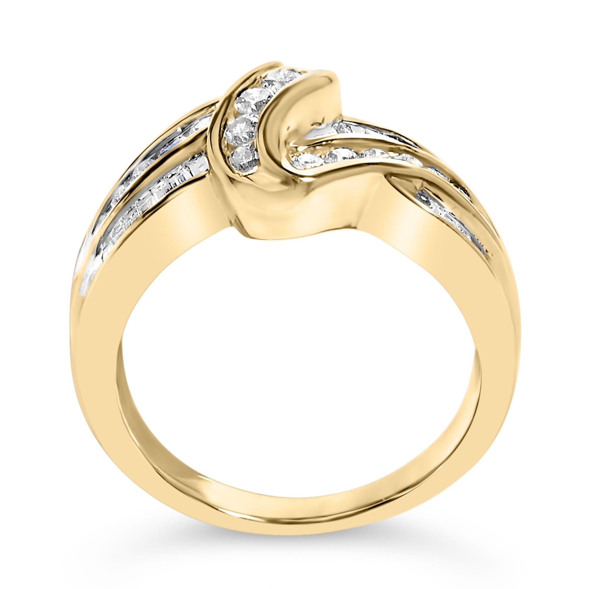 10K Yellow Gold 3/4 Cttw Channel Set Round and Baguette-cut Diamond Double Shank Bypass Ring (J-K Color, I1-I2 Clarity)