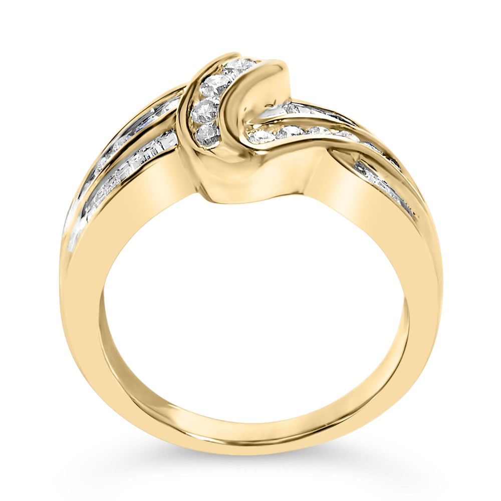 10K Yellow Gold 3/4 Cttw Channel Set Round and Baguette-cut Diamond Double Shank Bypass Ring (J-K Color, I1-I2 Clarity)