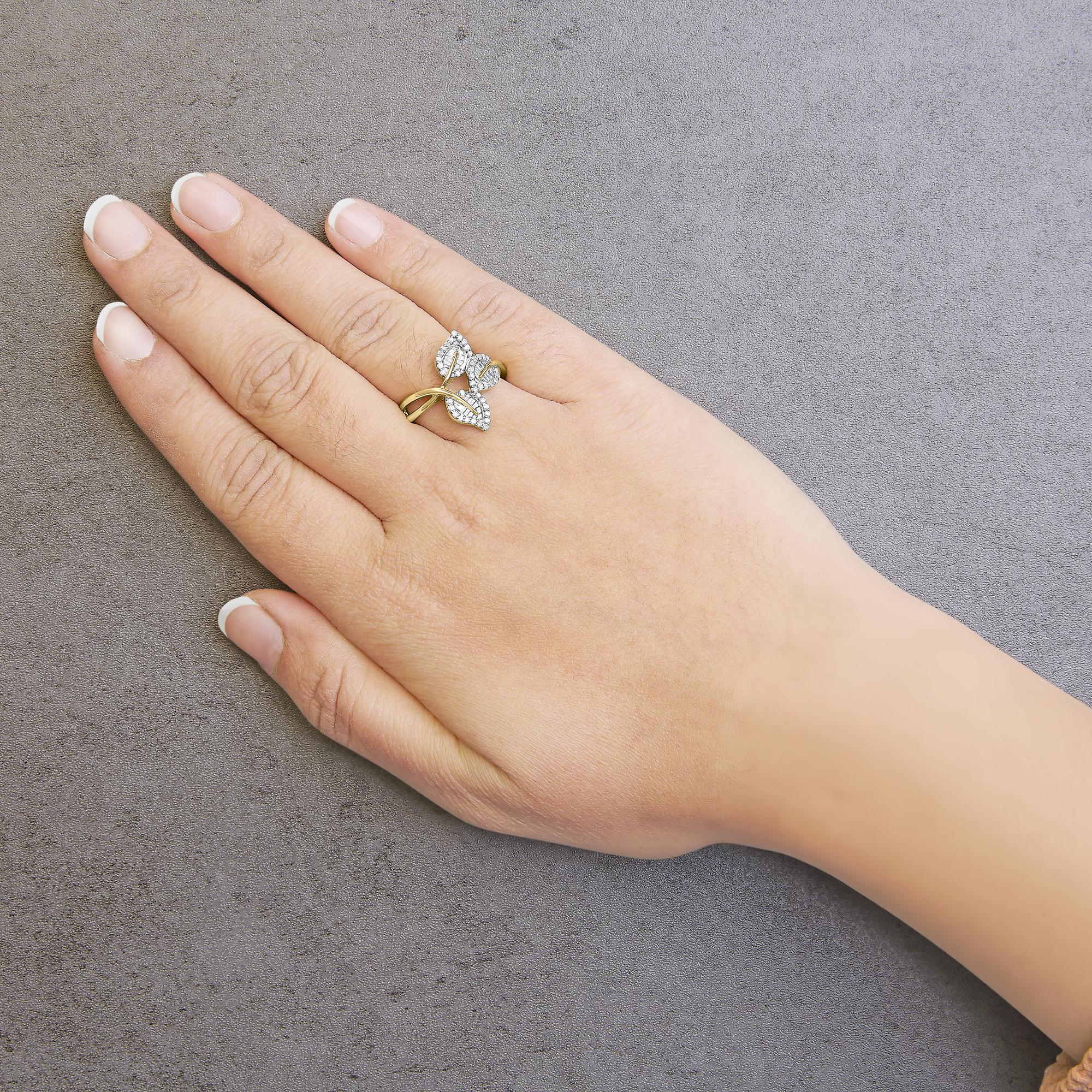 10k Yellow and White Gold 1/2 Cttw Baguette and Round Diamond Bypass Triple Leaf Ring (I-J Color, I1-I2 Clarity)