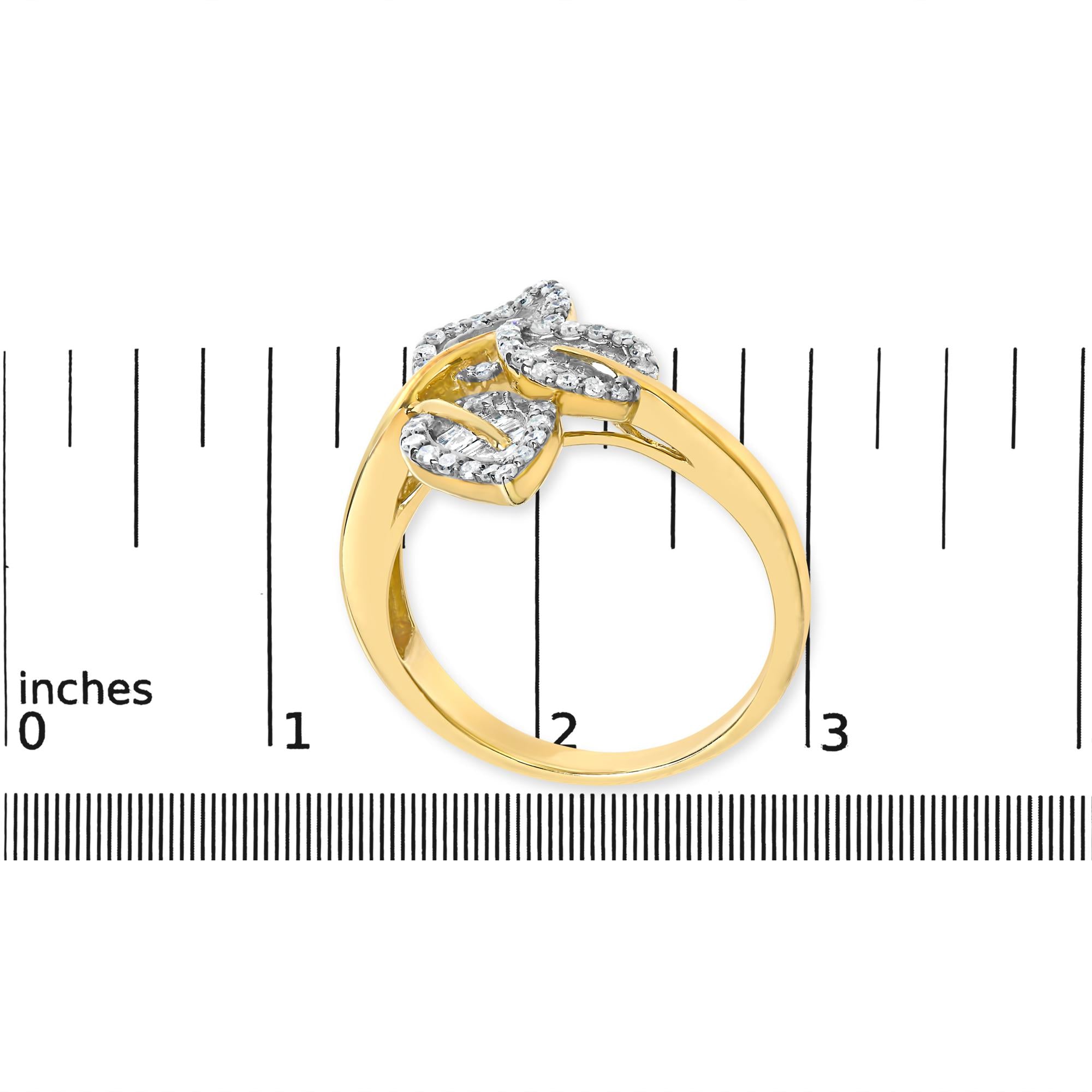 10k Yellow and White Gold 1/2 Cttw Baguette and Round Diamond Bypass Triple Leaf Ring (I-J Color, I1-I2 Clarity)