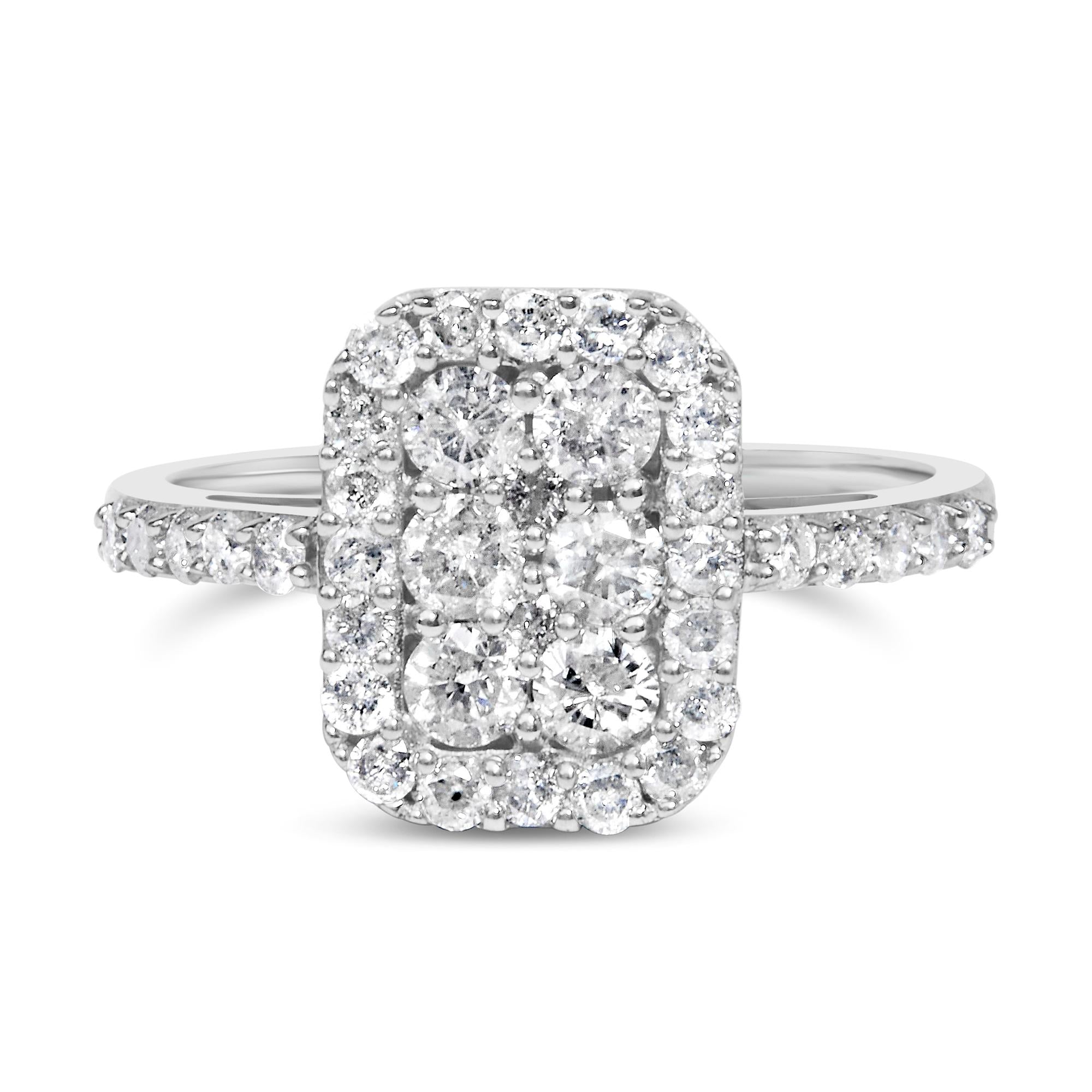 .925 Sterling Silver 1.0 Cttw Diamond Emerald-Shaped Cluster with Halo Cathedral Style Cocktail Ring (I-J Color, I3 Clarity)