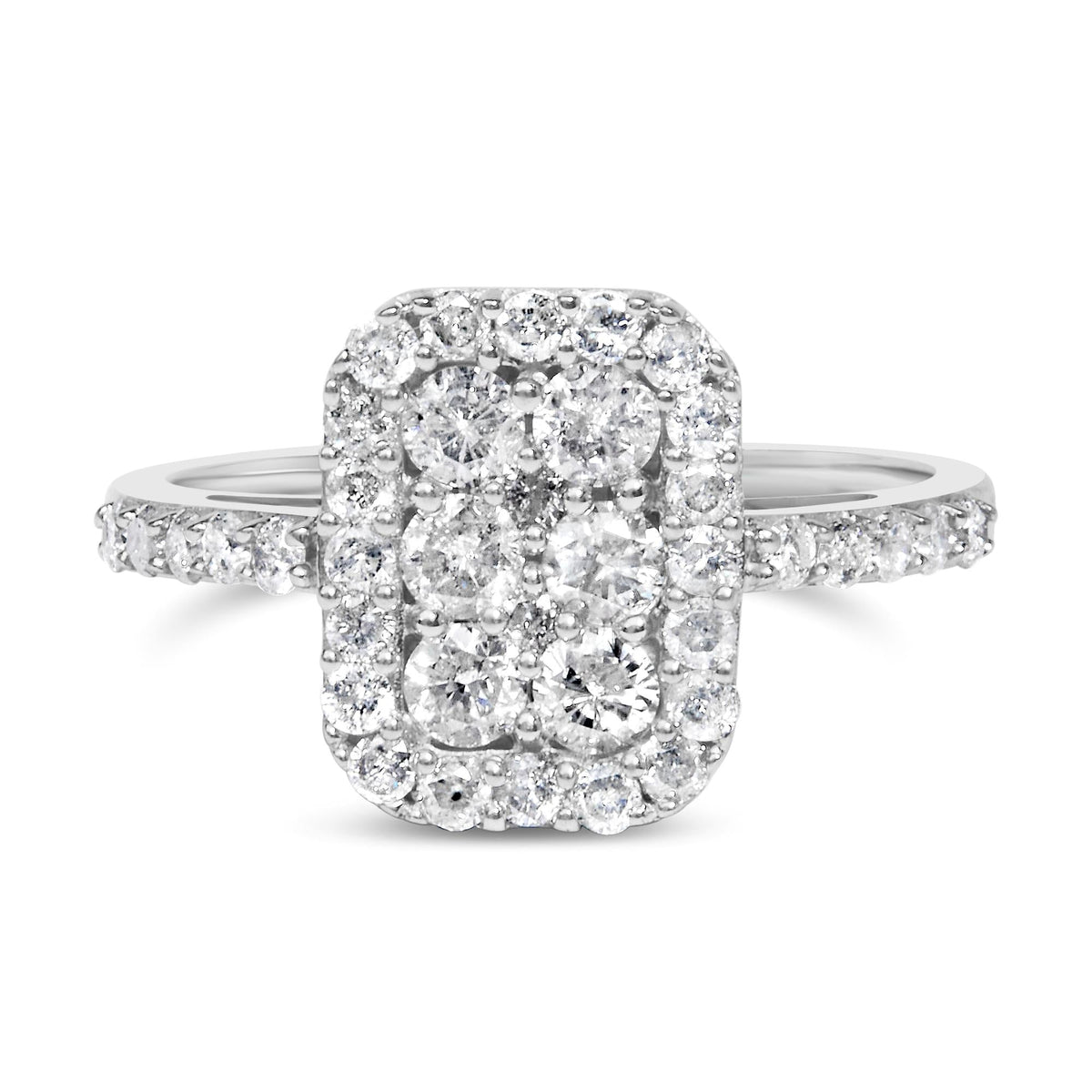 .925 Sterling Silver 1.0 Cttw Diamond Emerald-Shaped Cluster with Halo Cathedral Style Cocktail Ring (I-J Color, I3 Clarity)
