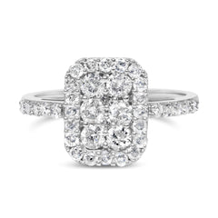 .925 Sterling Silver 1.0 Cttw Diamond Emerald-Shaped Cluster with Halo Cathedral Style Cocktail Ring (I-J Color, I3 Clarity)