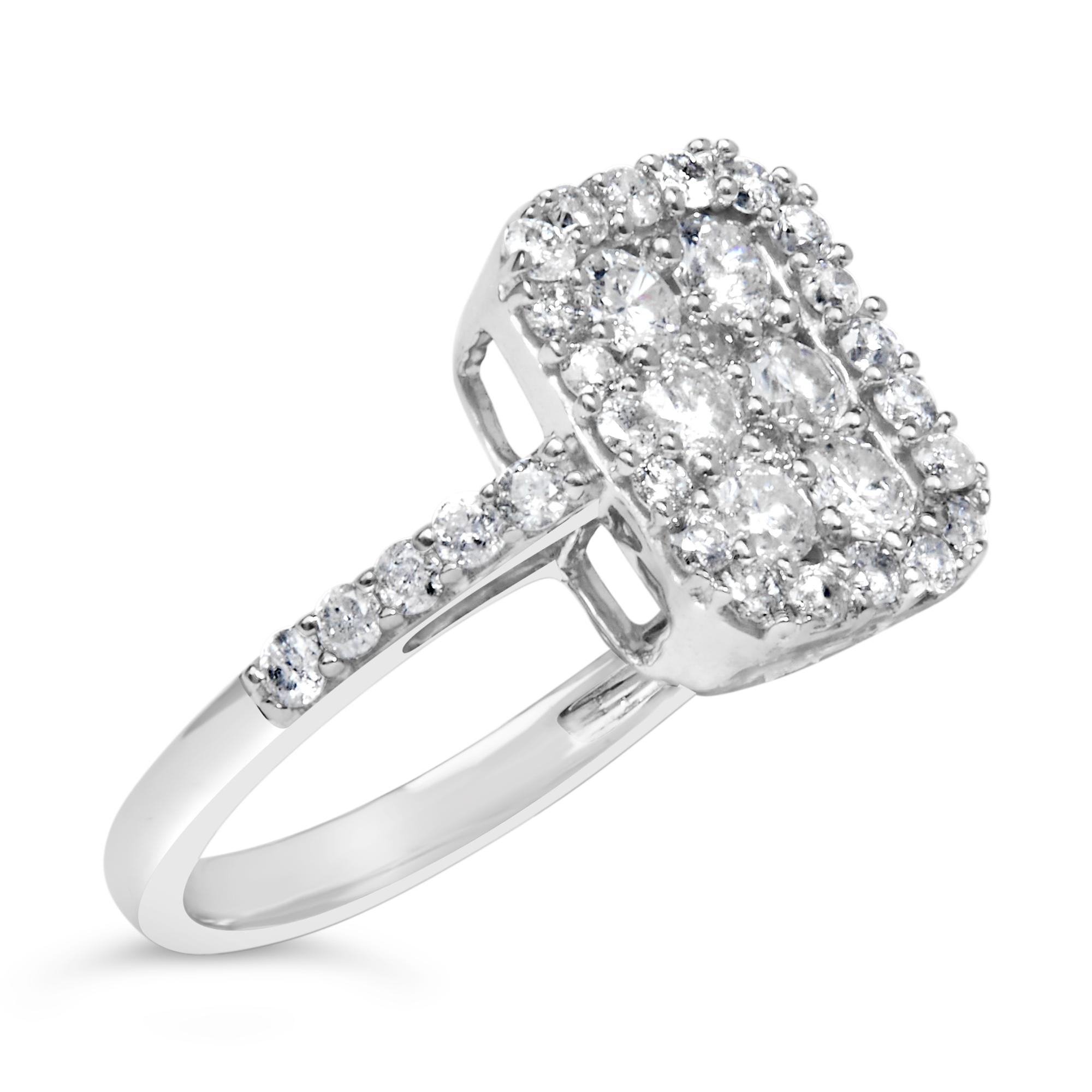 .925 Sterling Silver 1.0 Cttw Diamond Emerald-Shaped Cluster with Halo Cathedral Style Cocktail Ring (I-J Color, I3 Clarity)