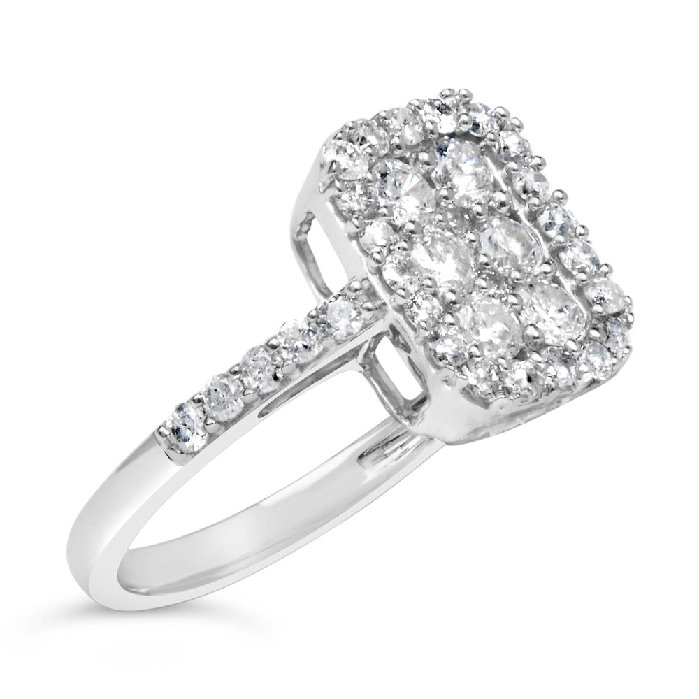 .925 Sterling Silver 1.0 Cttw Diamond Emerald-Shaped Cluster with Halo Cathedral Style Cocktail Ring (I-J Color, I3 Clarity)