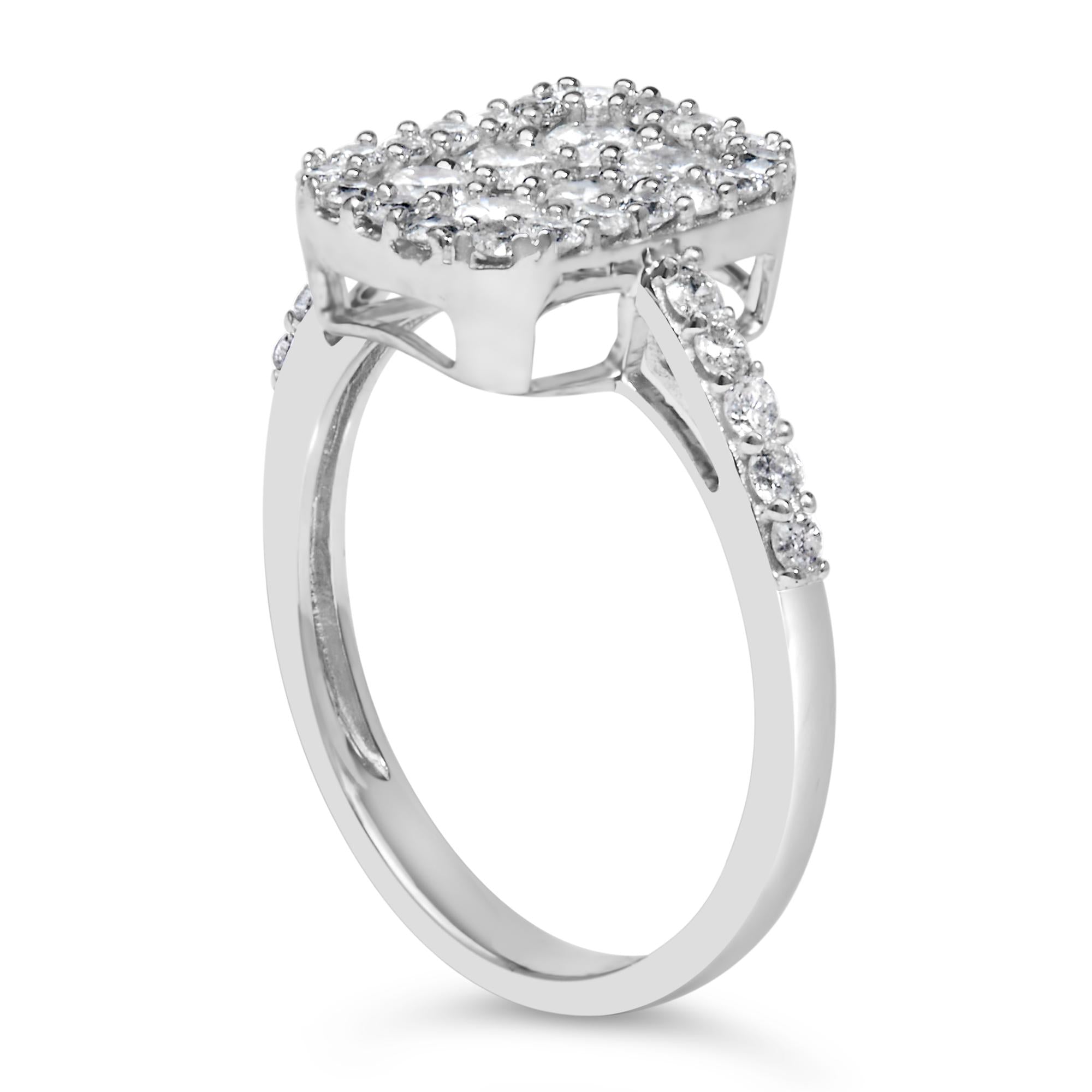 .925 Sterling Silver 1.0 Cttw Diamond Emerald-Shaped Cluster with Halo Cathedral Style Cocktail Ring (I-J Color, I3 Clarity)