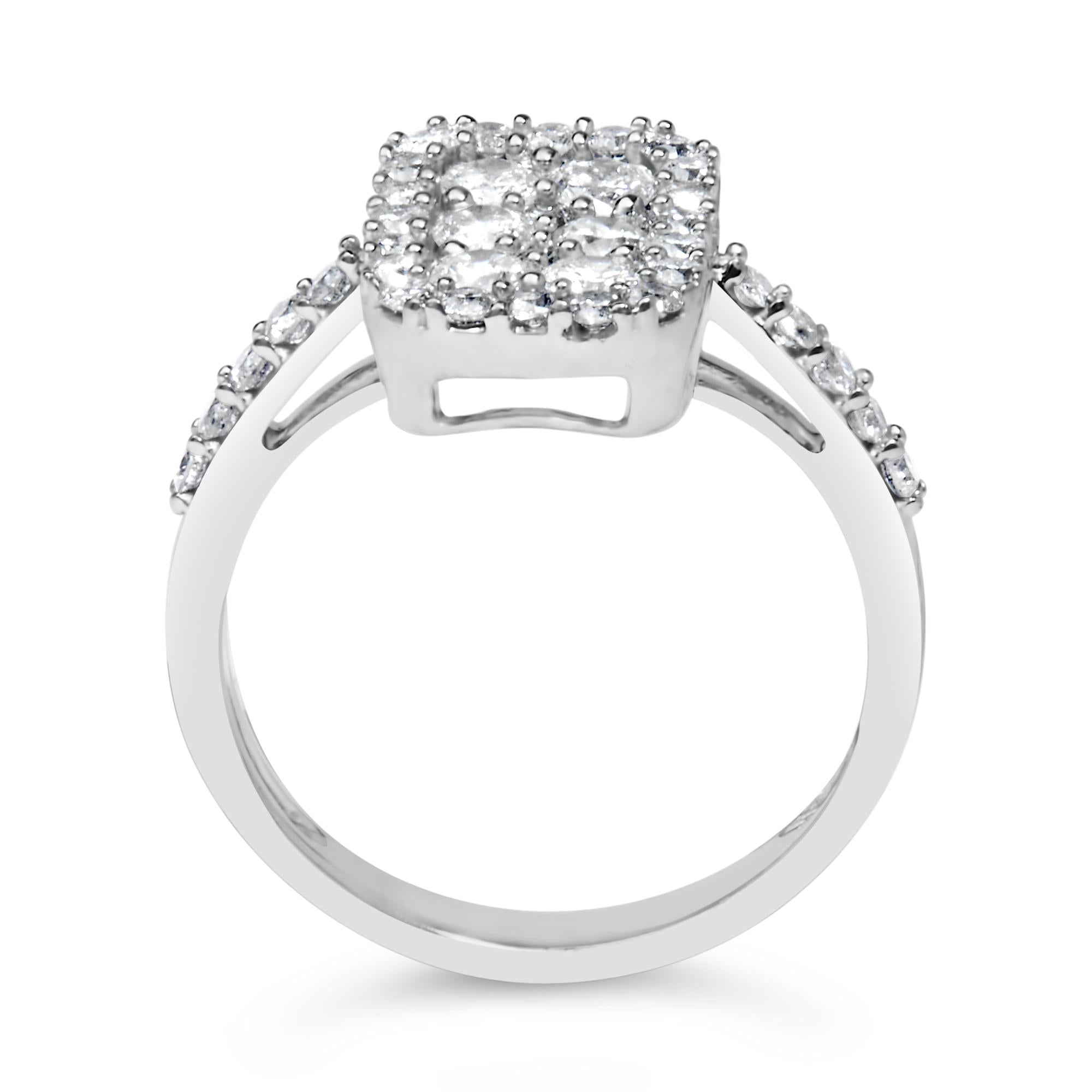 .925 Sterling Silver 1.0 Cttw Diamond Emerald-Shaped Cluster with Halo Cathedral Style Cocktail Ring (I-J Color, I3 Clarity)
