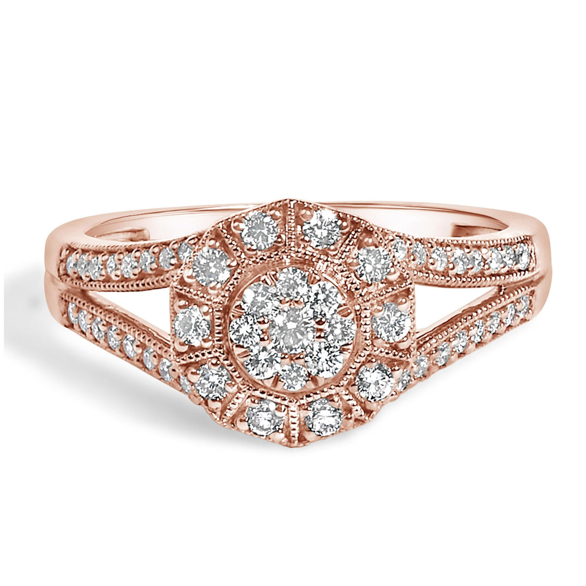 14K Rose Gold Plated .925 Sterling Silver 1/2 Cttw Pave Diamond Halo Cluster Split Shank Cocktail Ring (I-J Color, I1-I2 Clarity)