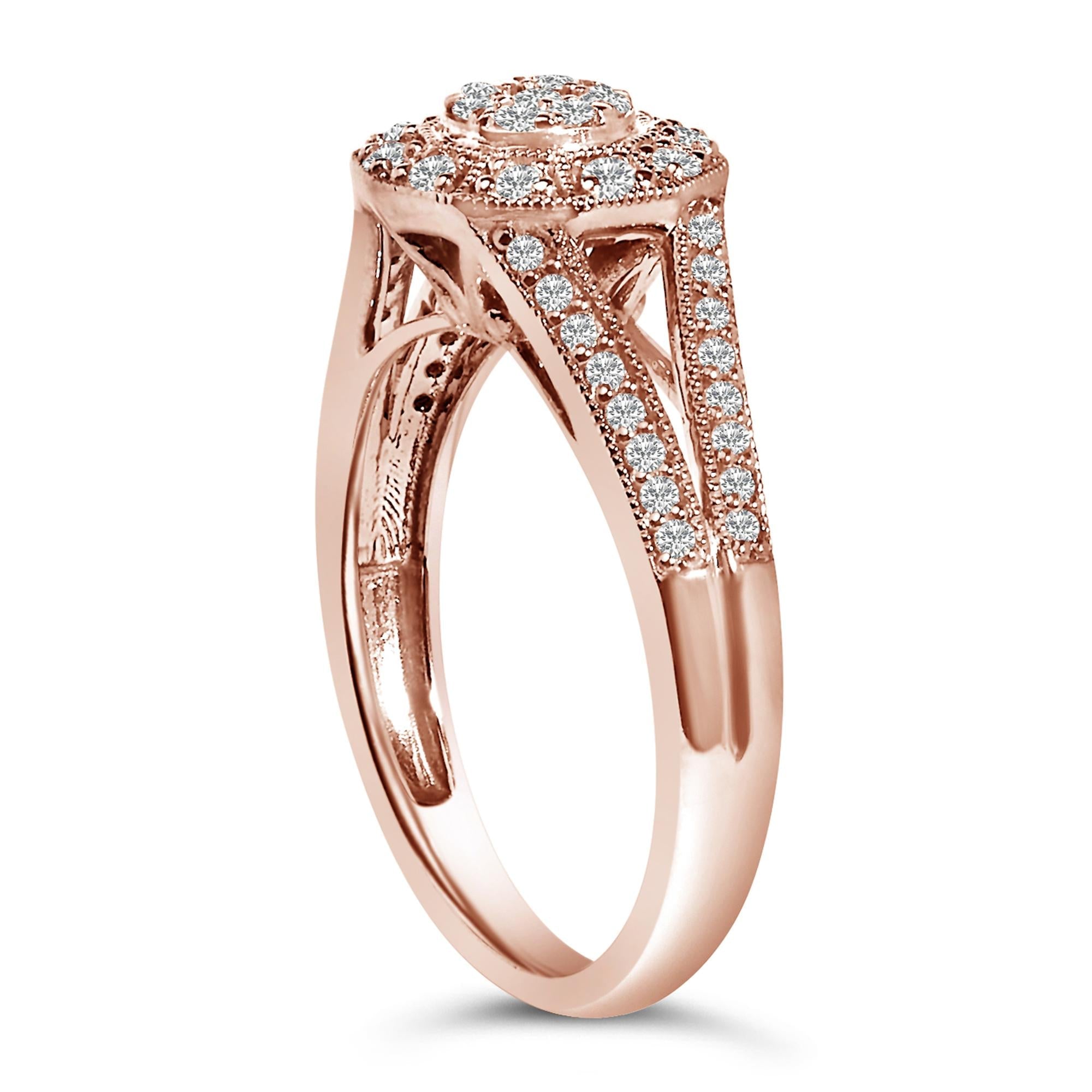14K Rose Gold Plated .925 Sterling Silver 1/2 Cttw Pave Diamond Halo Cluster Split Shank Cocktail Ring (I-J Color, I1-I2 Clarity)