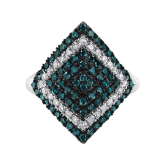 .925 Sterling Silver 1 cttw White and Treated Blue Diamond Rhombus Cocktail Ring (Blue, I3)