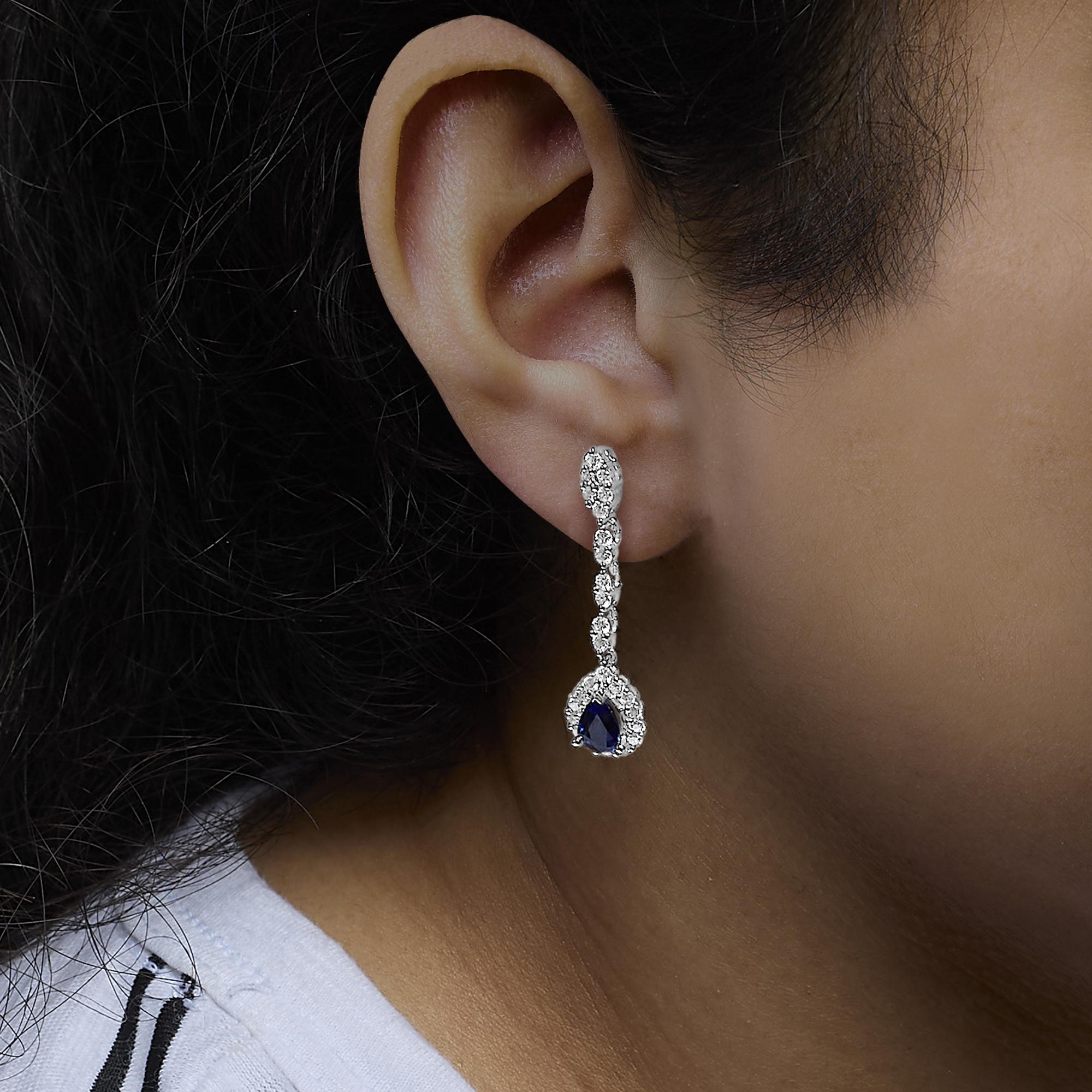 18K White Gold 1 3/5 Cttw Diamond and 7X5 MM Pear Shaped Blue Sapphire 1 1/3 Inch Drop and Dangle Halo Earrings (G-H Color, VS1-VS2 Clarity)