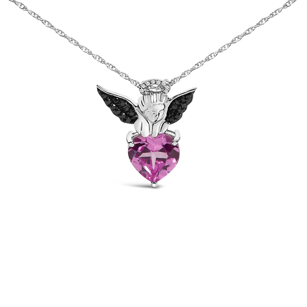Sterling Silver Diamond Accent & Created Pink Sapphire Angel Heart Pendant Necklace