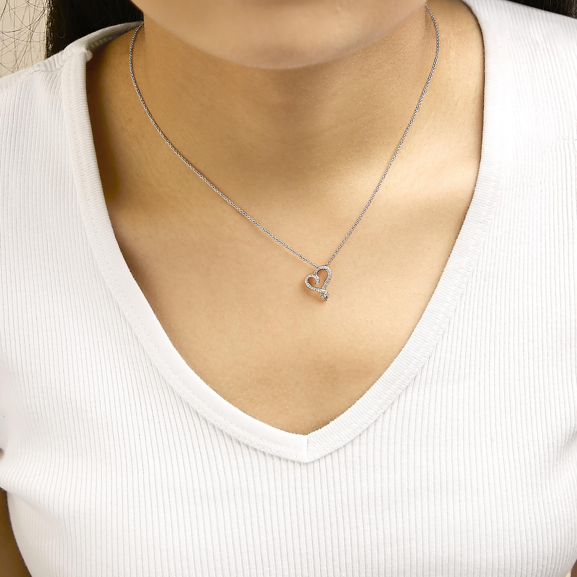 14k Rose Gold Plated Silver 1/10 Cttw Diamond Open Heart Pendant Necklace