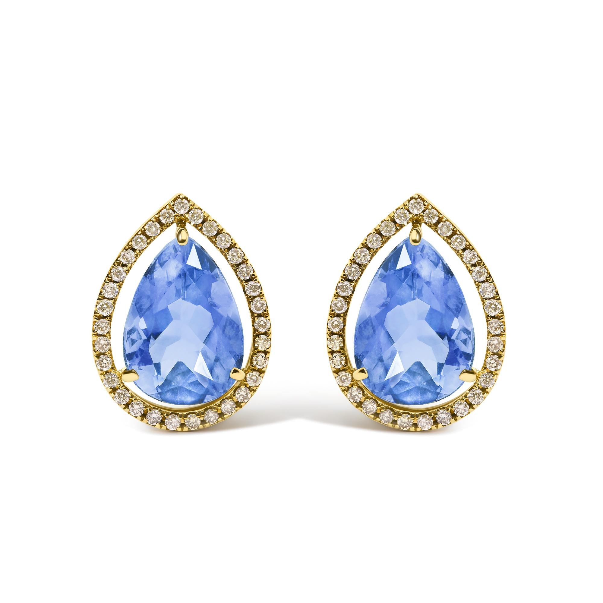 18K Yellow Gold 9x13 MM Blue Flourite Pear Halo Stud Earrings 1/2 Cttw Diamond