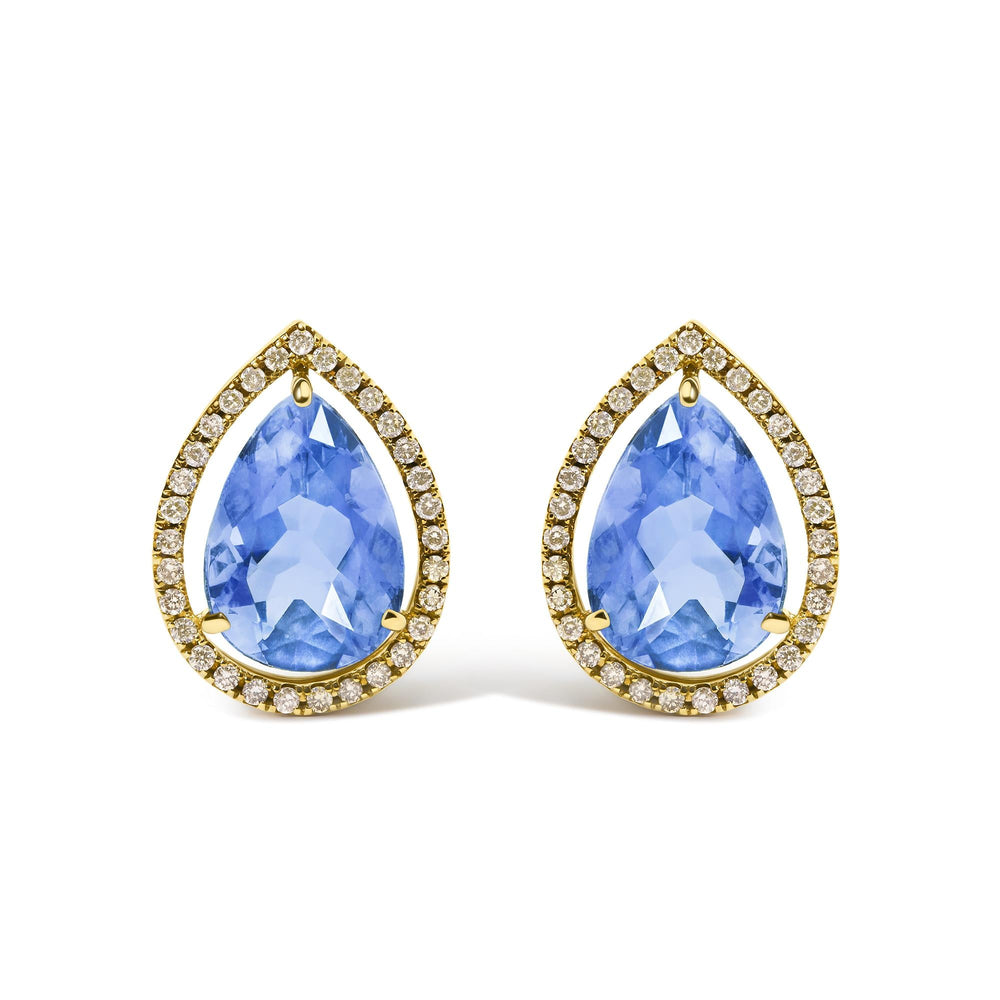 18K Yellow Gold 9x13 MM Blue Flourite Pear Halo Stud Earrings 1/2 Cttw Diamond