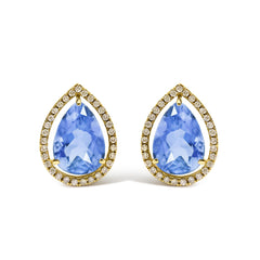 18K Yellow Gold 9x13 MM Blue Flourite Pear Halo Stud Earrings 1/2 Cttw Diamond