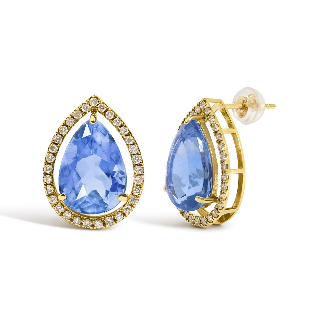 18K Yellow Gold 9x13 MM Blue Flourite Pear Halo Stud Earrings 1/2 Cttw Diamond
