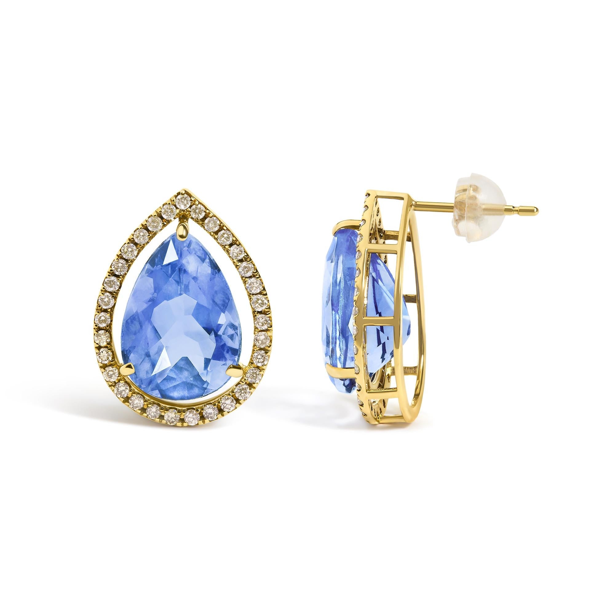 18K Yellow Gold 9x13 MM Blue Flourite Pear Halo Stud Earrings 1/2 Cttw Diamond